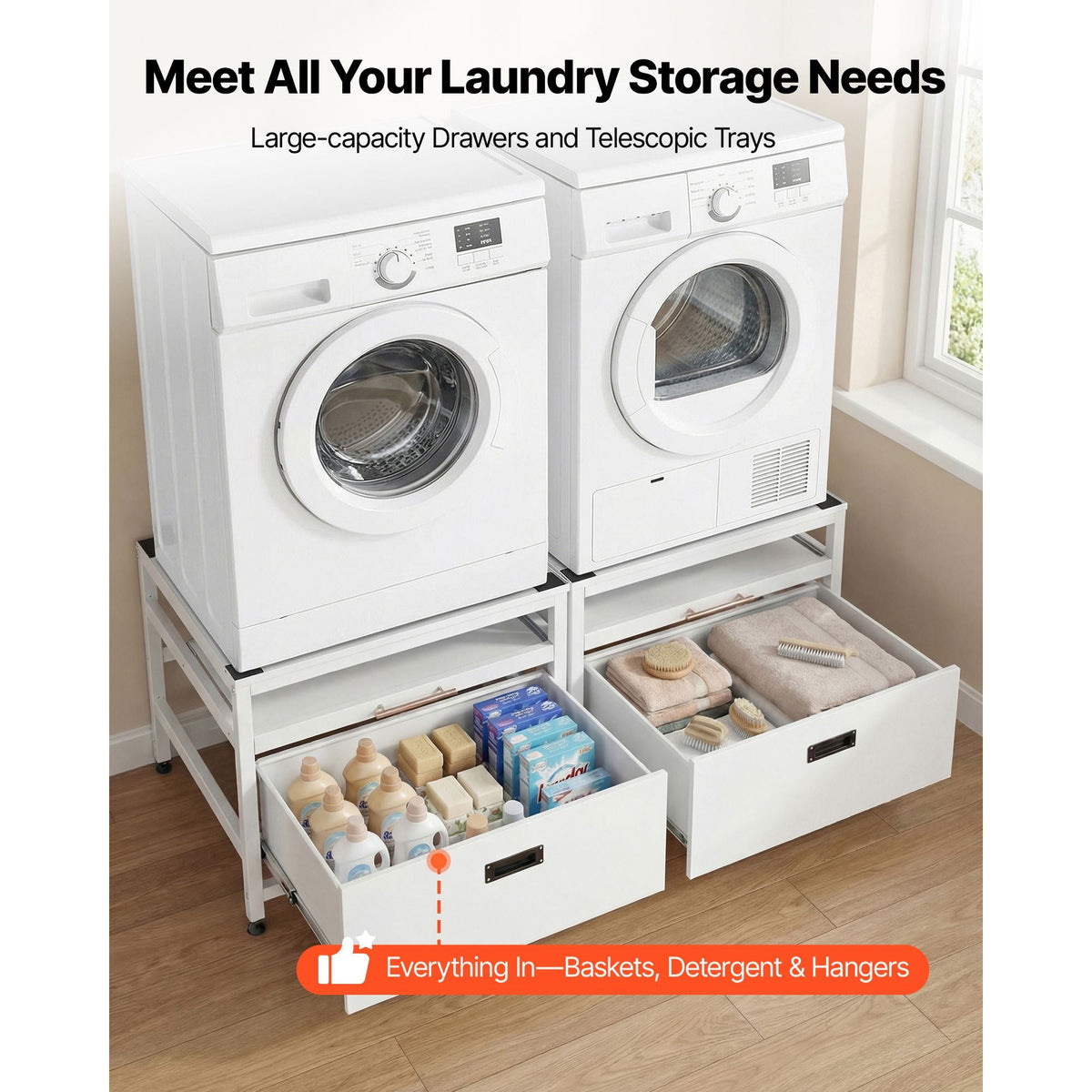 Laundry Pedestal, 22.6 in Height, 29 x 29 in Washer and Dryer Pedestals with Pull-out Tray and Storage Space, 800 lbs Load Capacity, Non-Slip Feet Washing Machine Stand Universal, White, 2 Pack