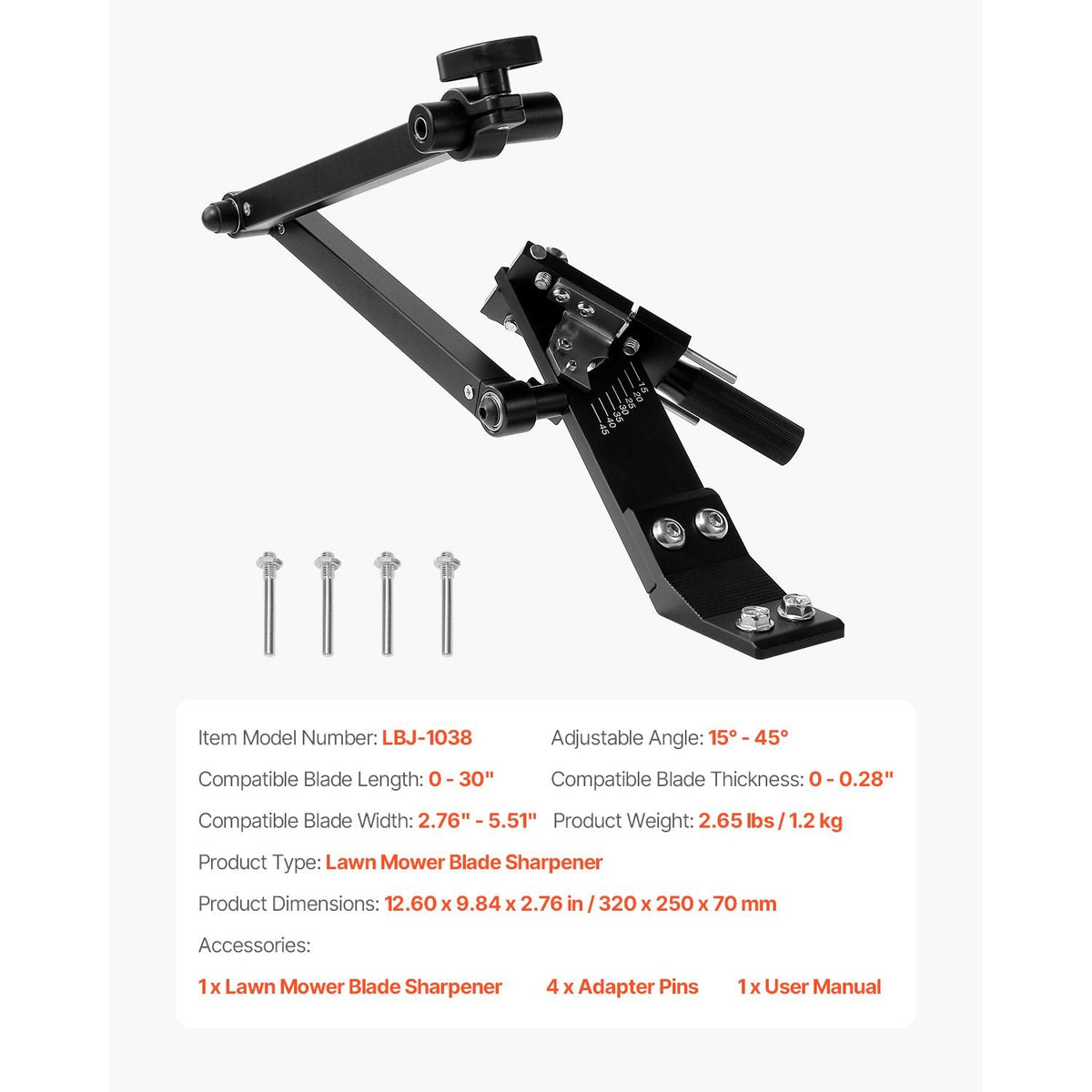Lawn Mower Blade Sharpener, 15° - 45° Adjustable Lawnmower Blade Sharpening Tool with 4 Adapter Pins, Ball Bearing Design & 25mm Enlarged Handle, Compatible with Most Angle Grinders