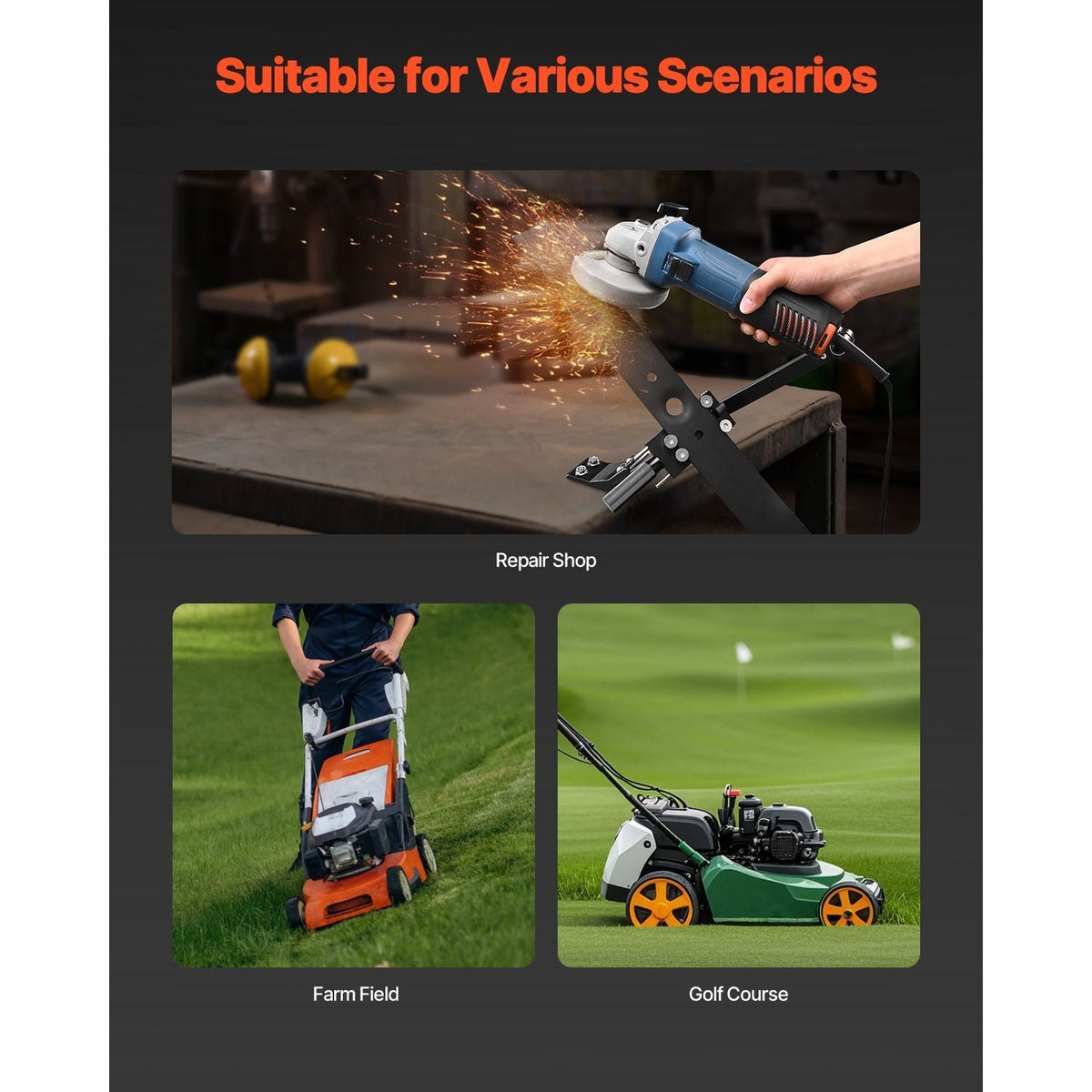 Lawn Mower Blade Sharpener, 15° - 45° Adjustable Lawnmower Blade Sharpening Tool with 4 Adapter Pins, Ball Bearing Design & 25mm Enlarged Handle, Compatible with Most Angle Grinders
