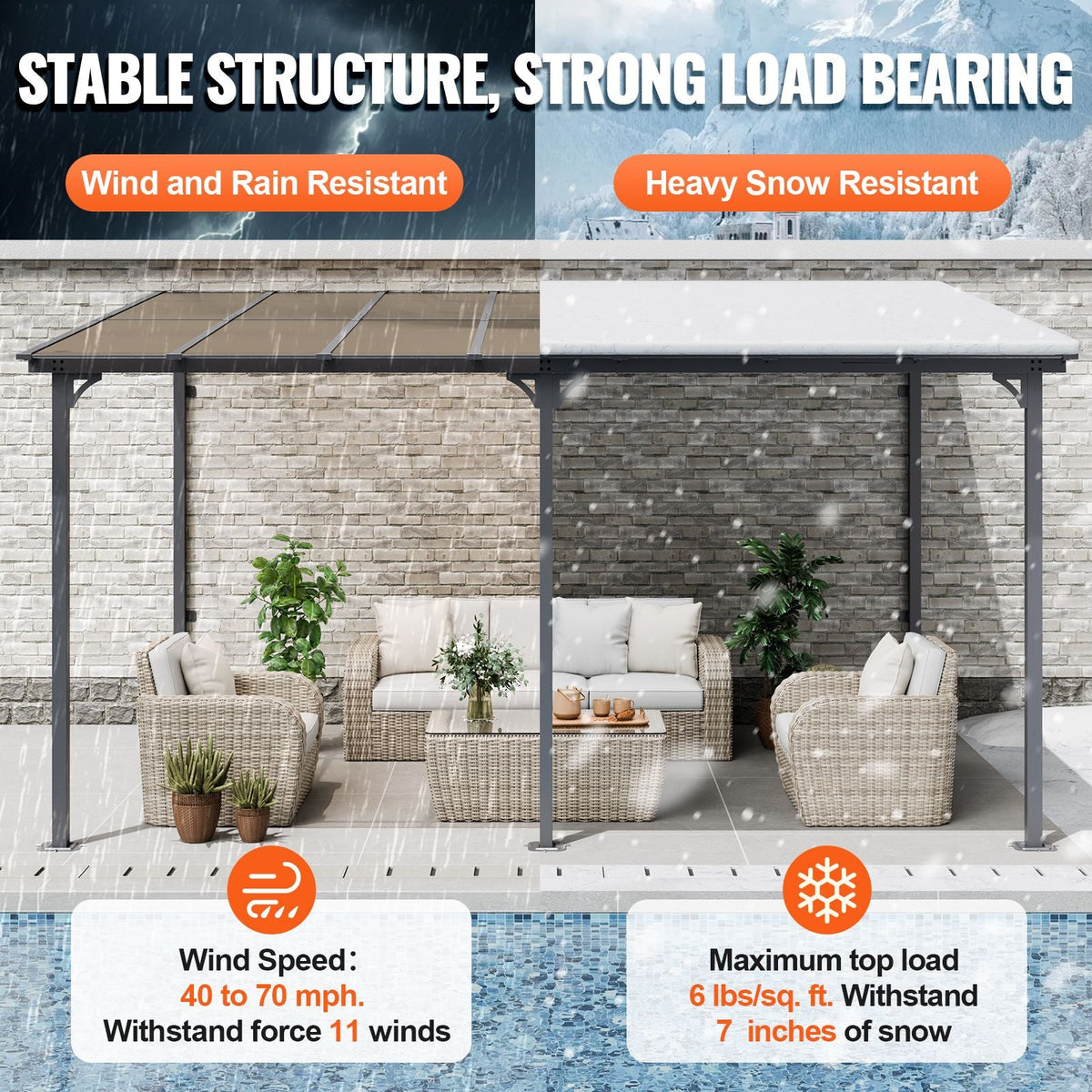 Lean to Gazebo for Patio, 10' x 14' Hard Top Gazebo with Aluminum Frame, Wall Mounted & Freestanding Pergola, UV Resistant Polycarbonate Roof, Outdoor Patio Awnings for Deck, Garden and Backyard