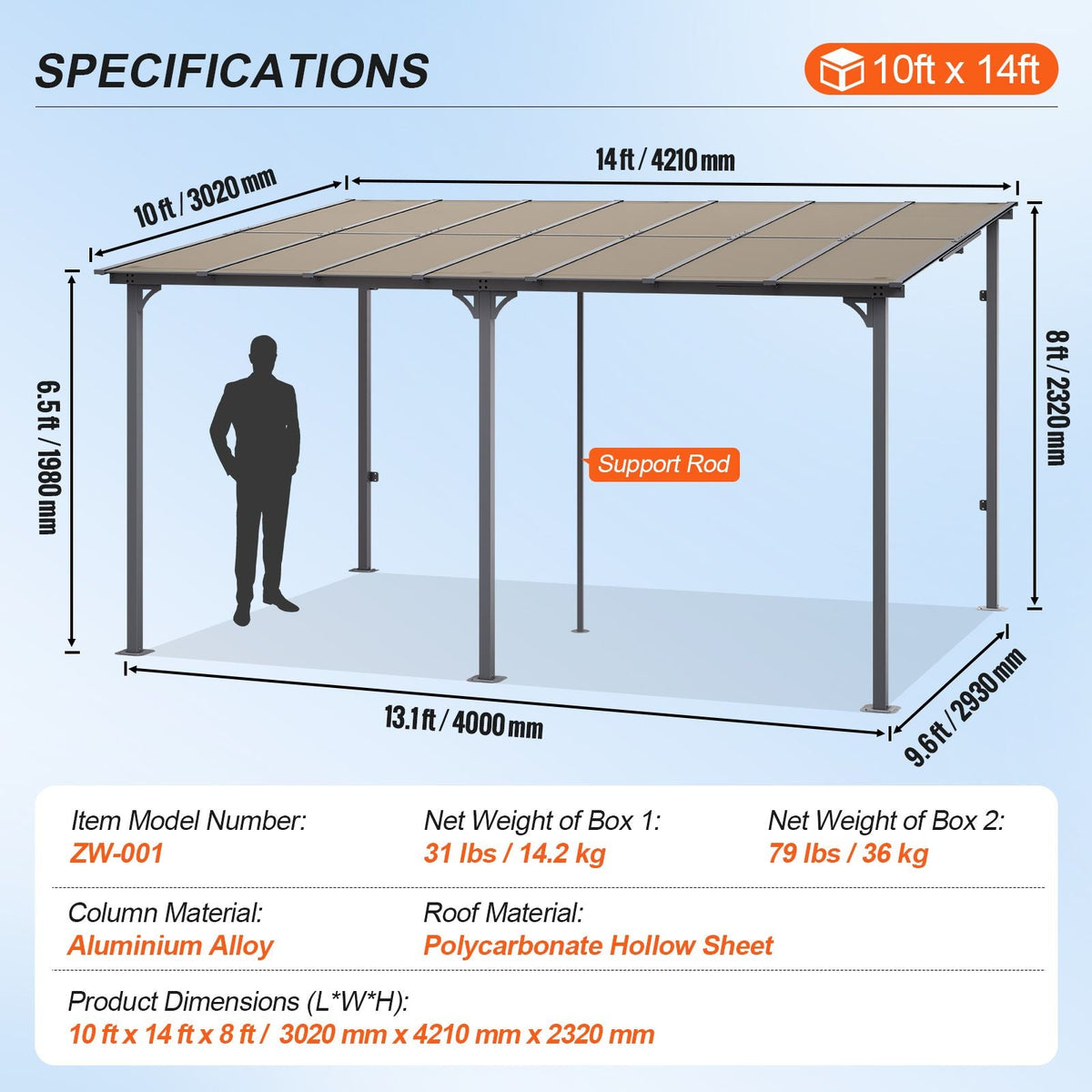 Lean to Gazebo for Patio, 10' x 14' Hard Top Gazebo with Aluminum Frame, Wall Mounted & Freestanding Pergola, UV Resistant Polycarbonate Roof, Outdoor Patio Awnings for Deck, Garden and Backyard