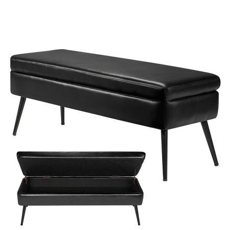 Leather Storage Ottoman Bench, PU Leather Bench with Storage and Metal Legs, Modern Shoe Benches Seat for Entryway, Upholstered End of Bed Benches for Living Room, Dining Room, Hallway, Black