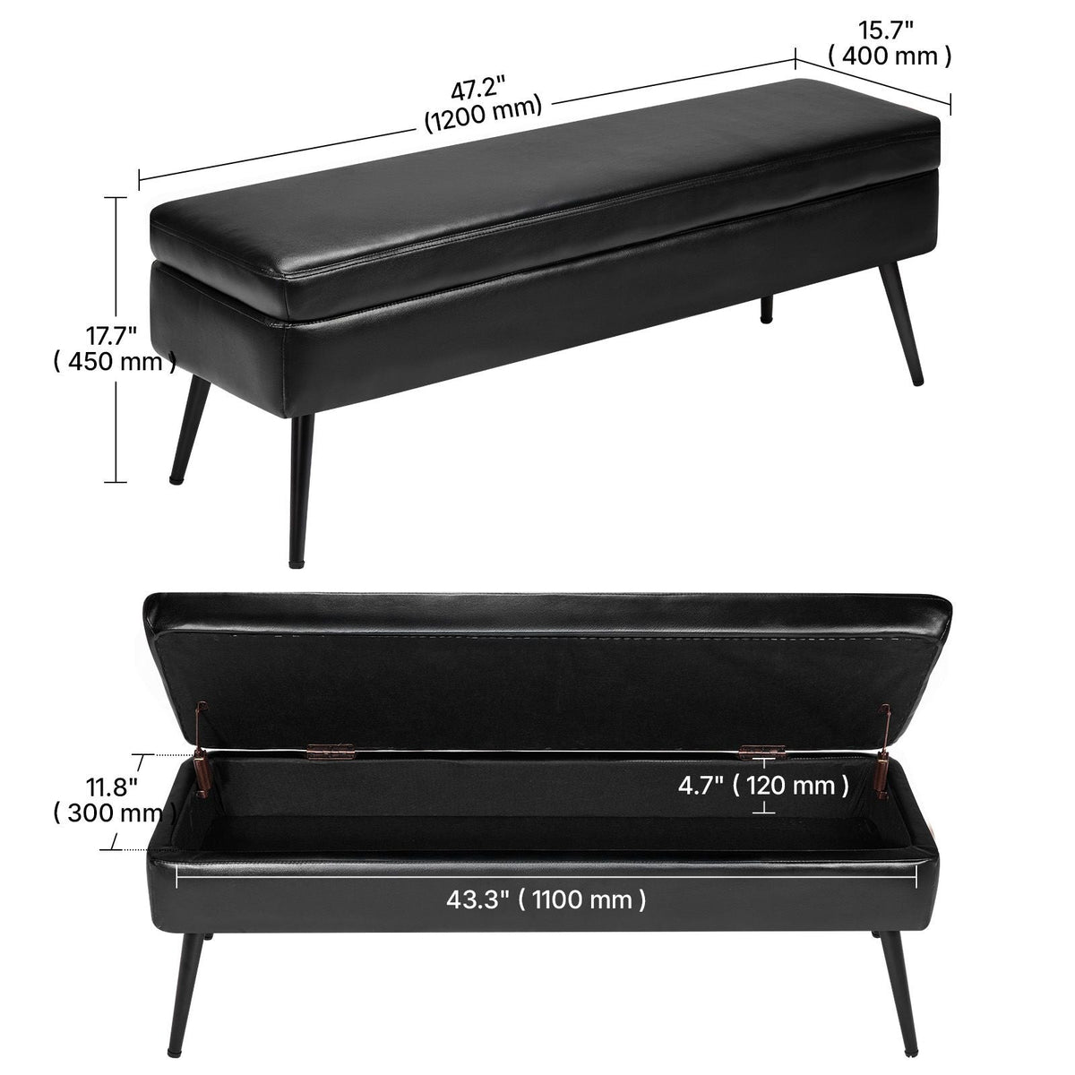 Leather Storage Ottoman Bench, PU Leather Bench with Storage and Metal Legs, Modern Shoe Benches Seat for Entryway, Upholstered End of Bed Benches for Living Room, Dining Room, Hallway, Black