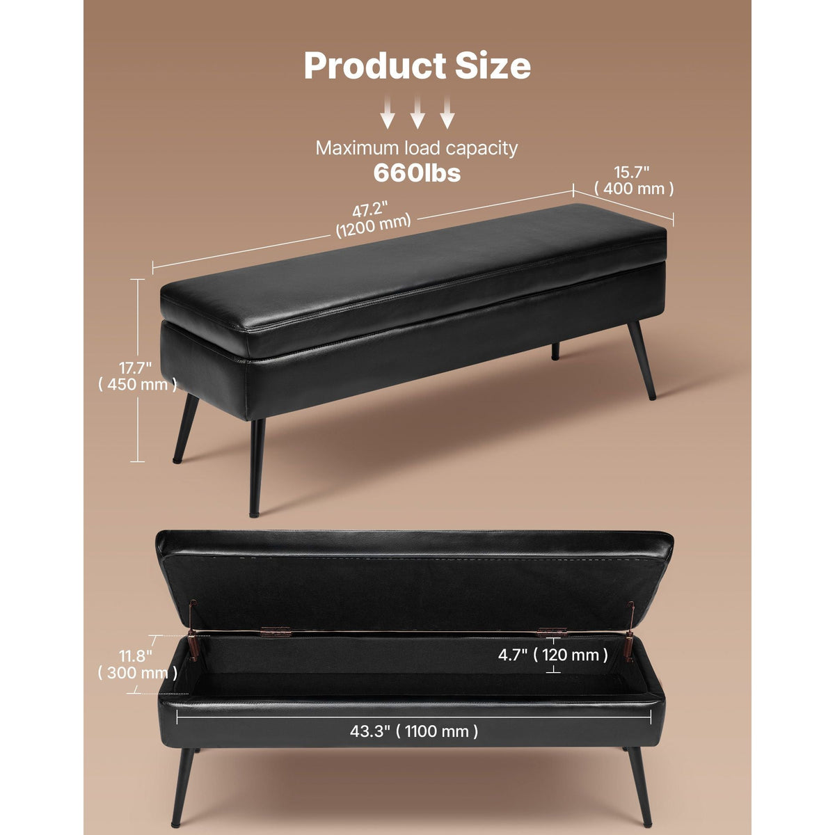 Leather Storage Ottoman Bench, PU Leather Bench with Storage and Metal Legs, Modern Shoe Benches Seat for Entryway, Upholstered End of Bed Benches for Living Room, Dining Room, Hallway, Black