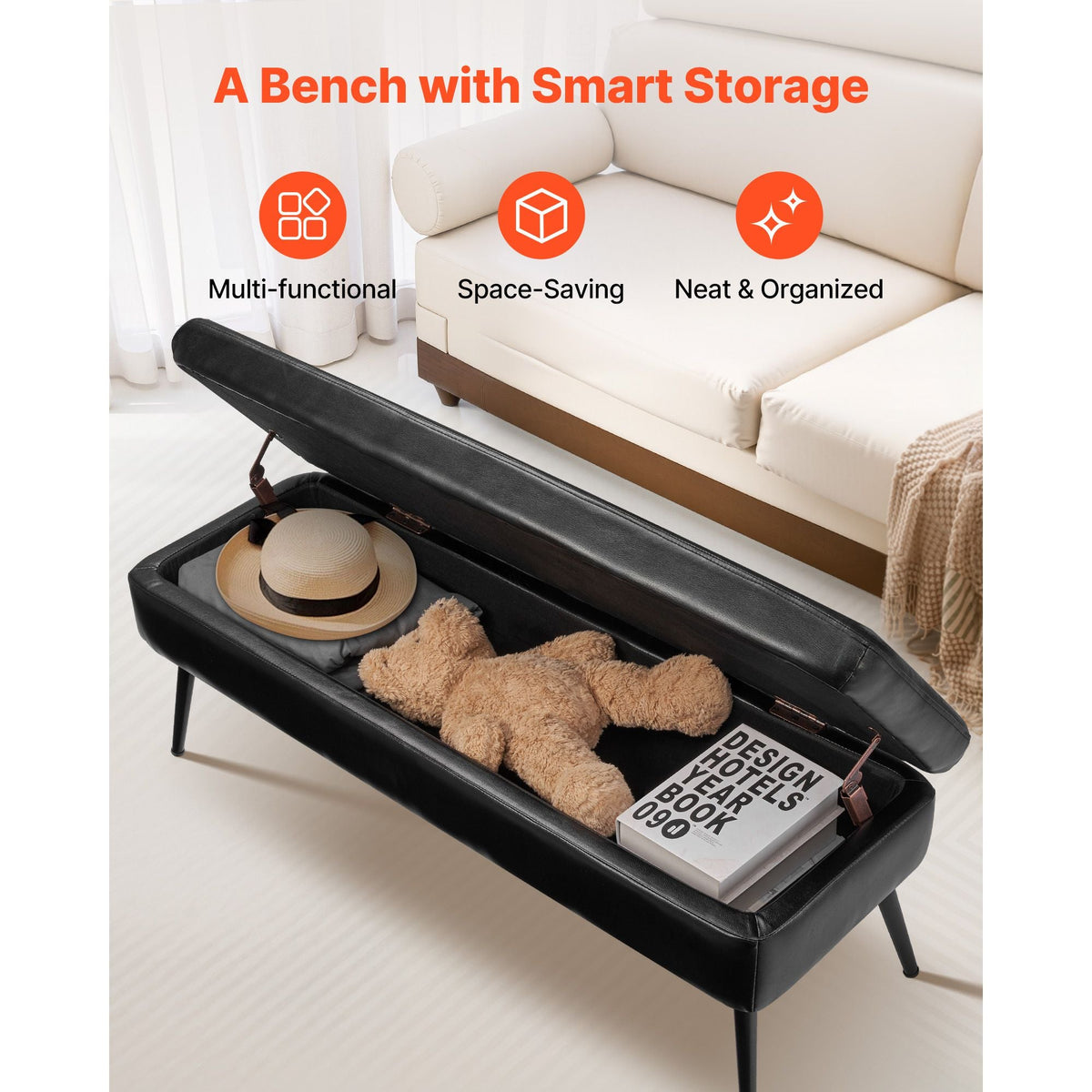 Leather Storage Ottoman Bench, PU Leather Bench with Storage and Metal Legs, Modern Shoe Benches Seat for Entryway, Upholstered End of Bed Benches for Living Room, Dining Room, Hallway, Black