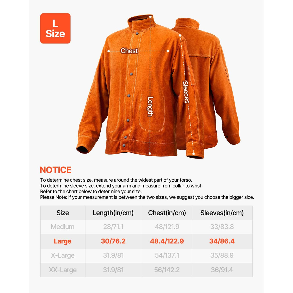 Leather Welding Jacket, Heavy Duty Cowhide Flame Resistant Welding Coat, Waterproof Heat-Resistant Safety Jacket with 4 Pockets & Adjustable Cuffs for Welders Steelworks - L Size