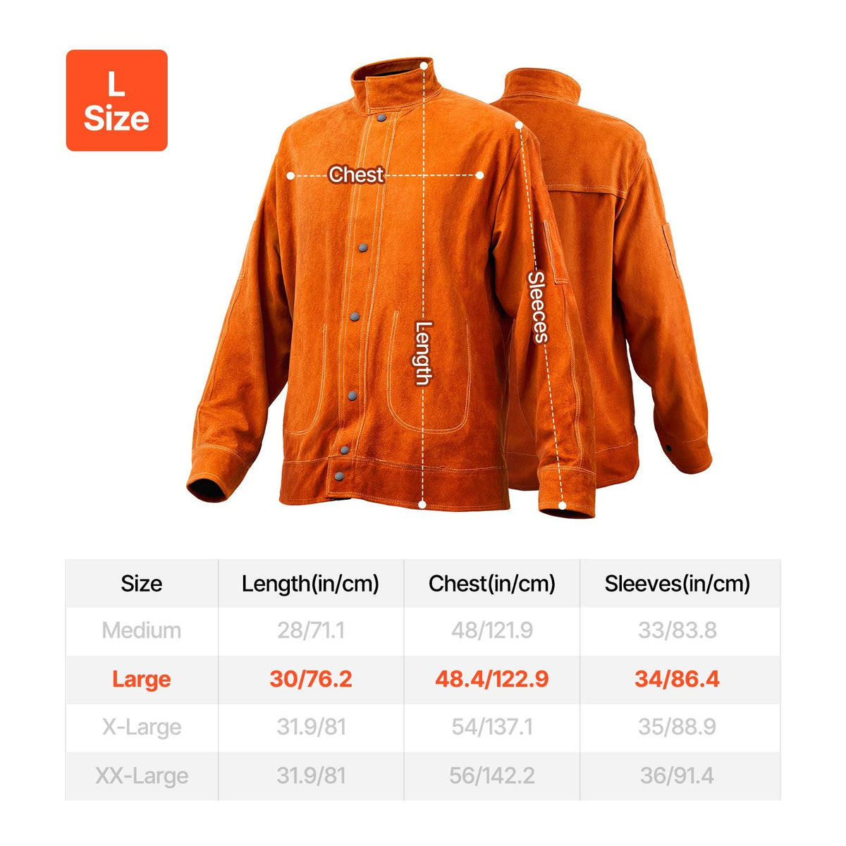 Leather Welding Jacket, Heavy Duty Cowhide Flame Resistant Welding Coat, Waterproof Heat-Resistant Safety Jacket with 4 Pockets & Adjustable Cuffs for Welders Steelworks - L Size