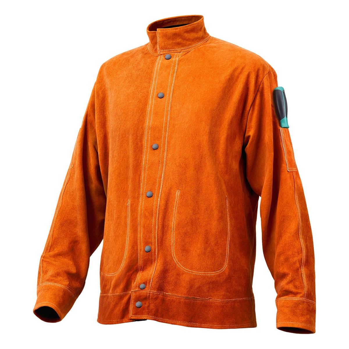 Leather Welding Jacket, Heavy Duty Cowhide Flame Resistant Welding Coat, Waterproof Heat-Resistant Safety Jacket with 4 Pockets & Adjustable Cuffs for Welders Steelworks - M Size