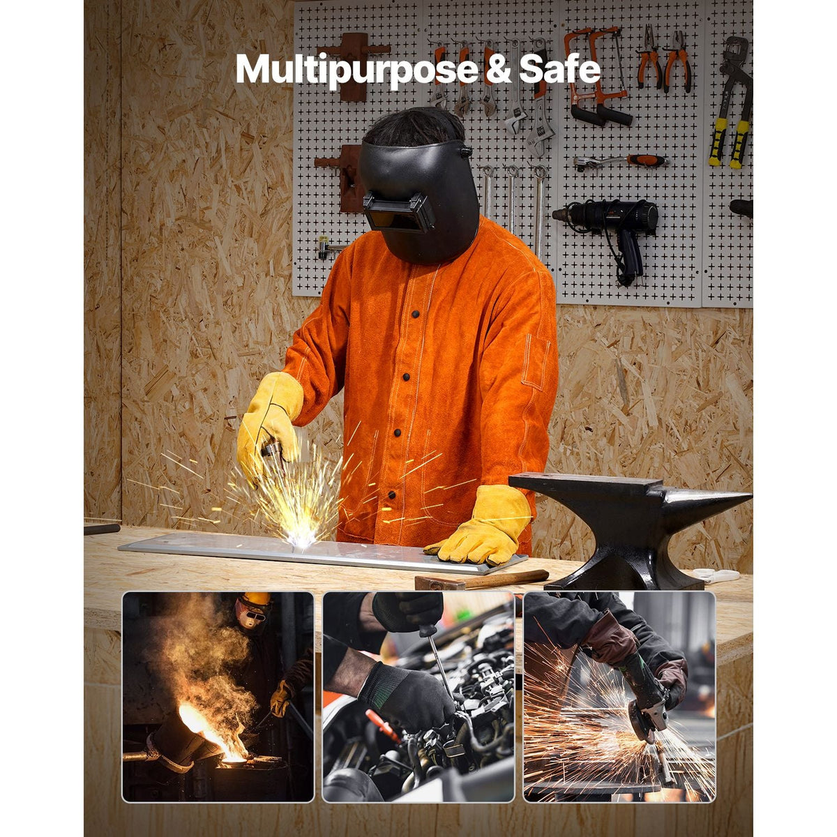 Leather Welding Jacket, Heavy Duty Cowhide Flame Resistant Welding Coat, Waterproof Heat-Resistant Safety Jacket with 4 Pockets & Adjustable Cuffs for Welders Steelworks - M Size