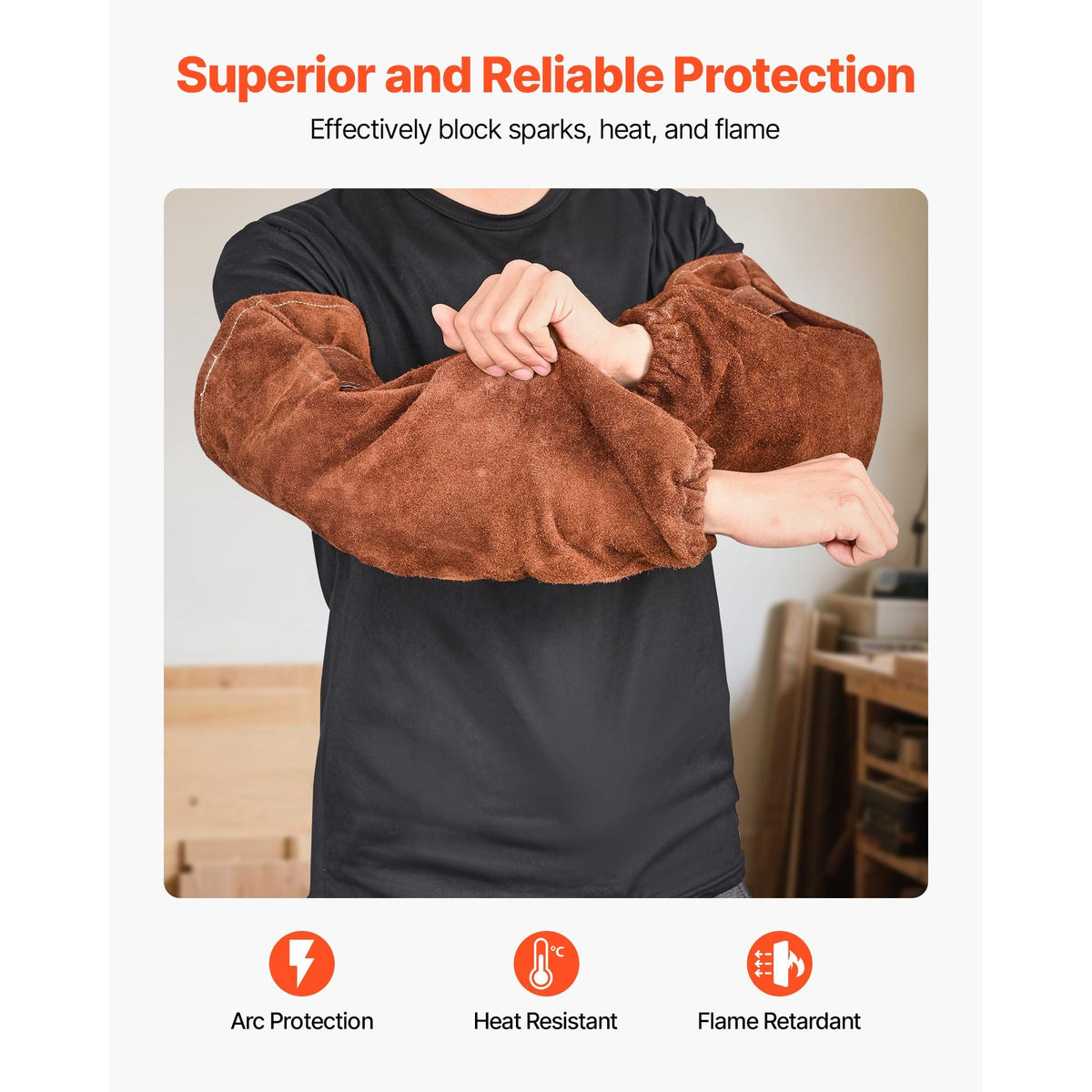 Leather Welding Sleeves, Heavy Duty Cowhide Flame Resistant Work Sleeves for Arm Protection, Heat-Resistant Safety Sleeve for Welding, Blacksmithing, Woodworking, Gardening