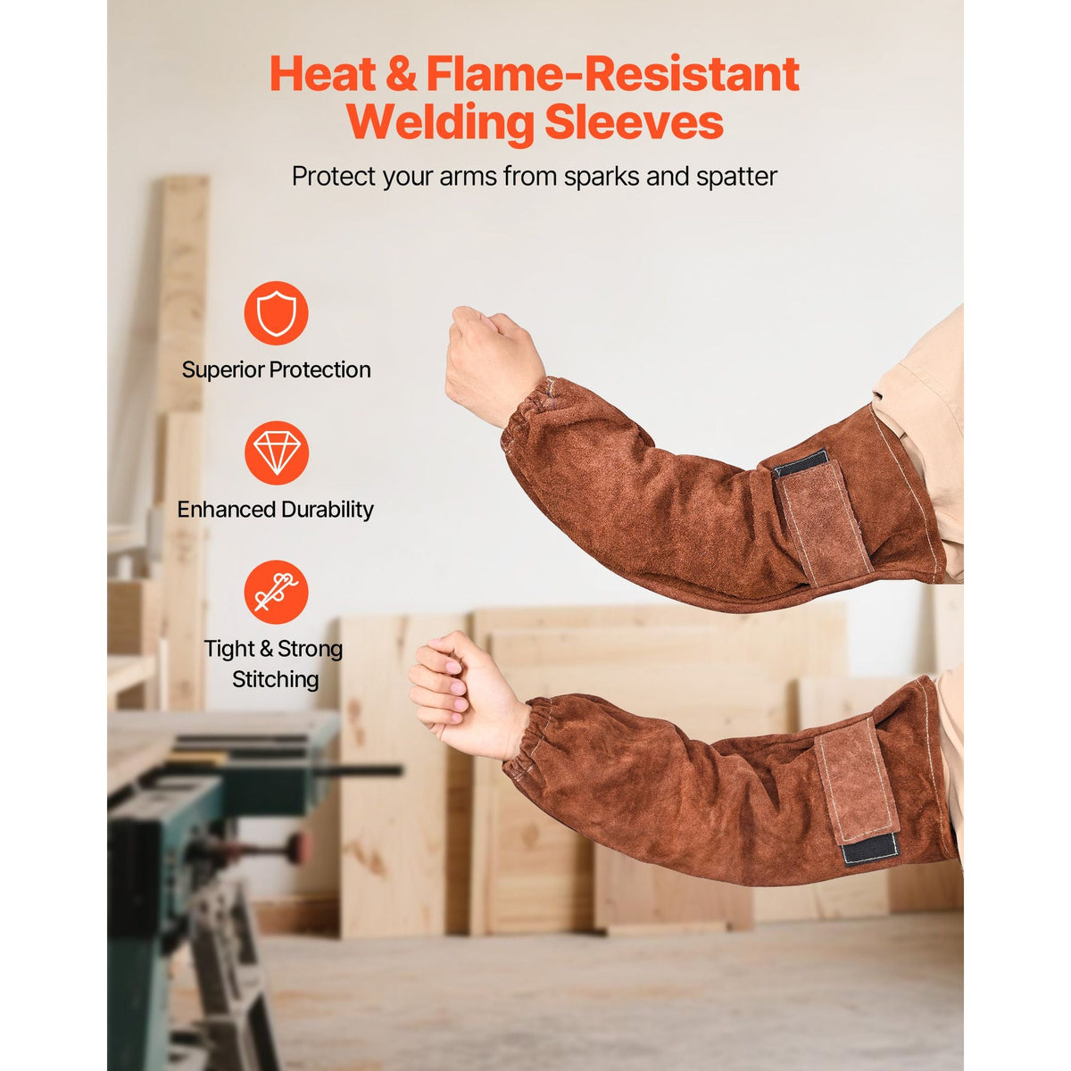 Leather Welding Sleeves, Heavy Duty Cowhide Flame Resistant Work Sleeves for Arm Protection, Heat-Resistant Safety Sleeve for Welding, Blacksmithing, Woodworking, Gardening