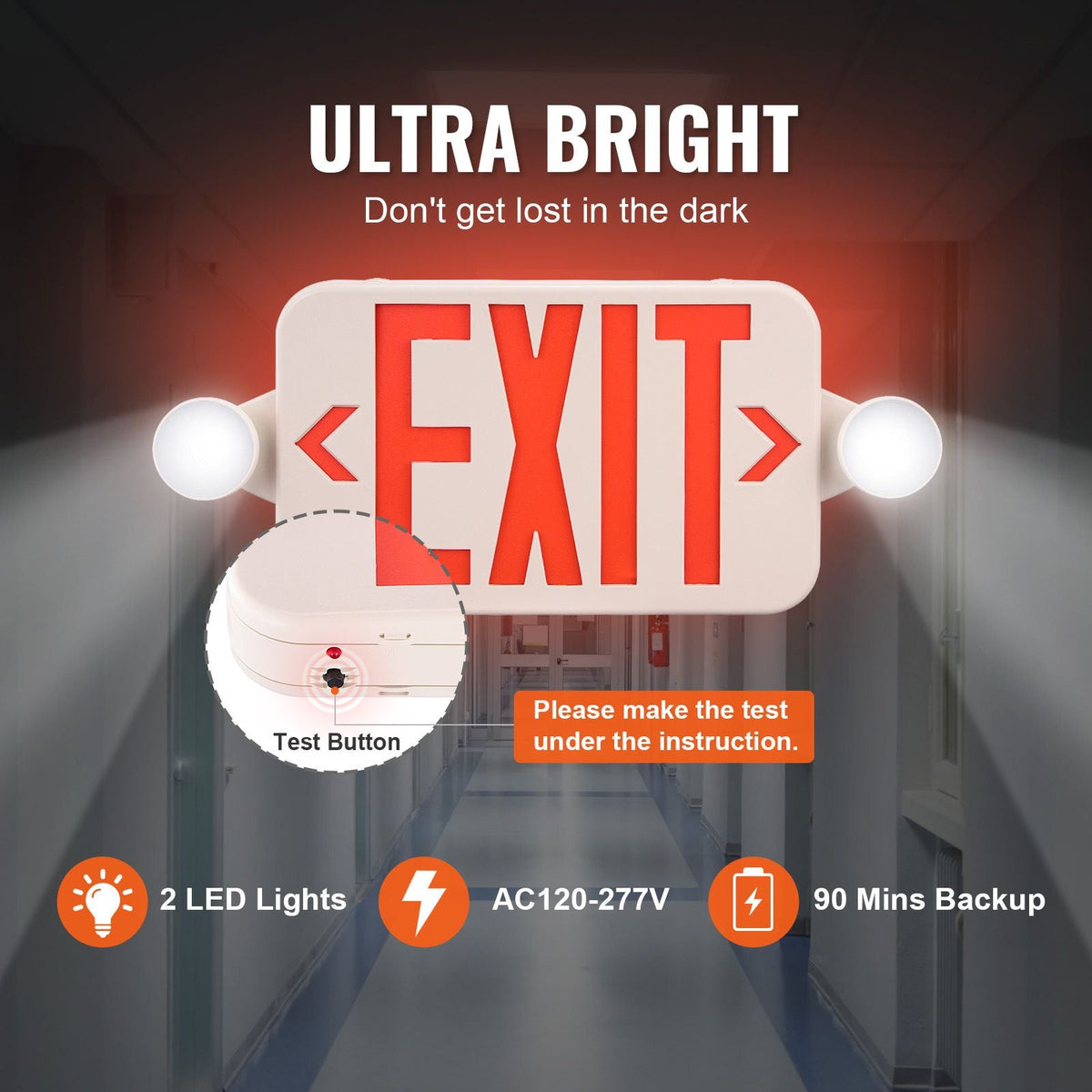 LED Exit Sign with Emergency Lights, Two LED Adjustable Heads Emergency Exit Light with Battery Backup, Combo Red Letter Fire Exit Lighting, Commercial Exit Signs