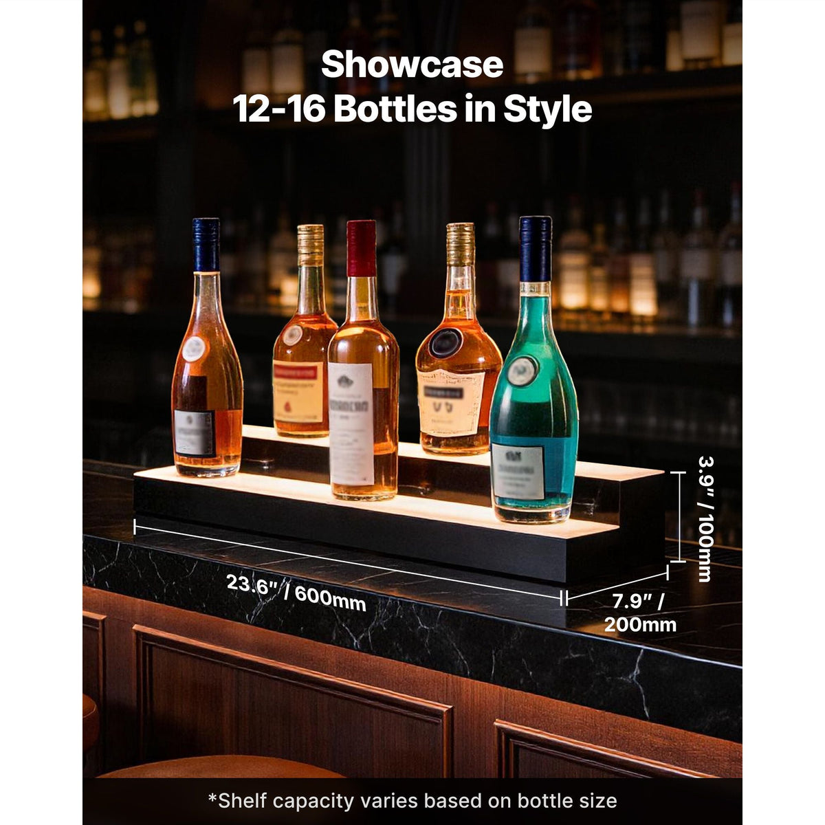 LED Lighted Liquor Bottle Display, 2 Tiers 24 inches, Supports USB, Acrylic Illuminated Home Bar Shelf Display with RF Remote & App Control, 9 Static Colors, Timing Mode, for 12-16 Bottles