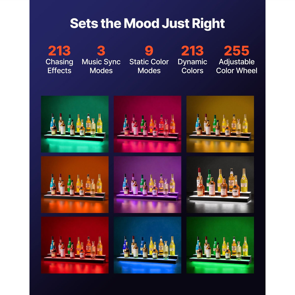 LED Lighted Liquor Bottle Display, 2 Tiers 40 inches, Supports USB, Acrylic Illuminated Home Bar Shelf Display with RF Remote & App Control, 9 Static Colors, Timing Mode, for 20-28 Bottles