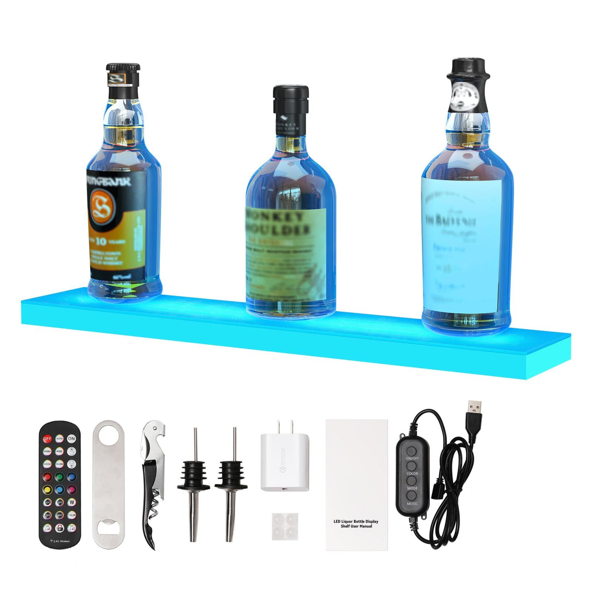 LED Lighted Liquor Bottle Display Bar Shelf RF & App Control 24" 1-Step White