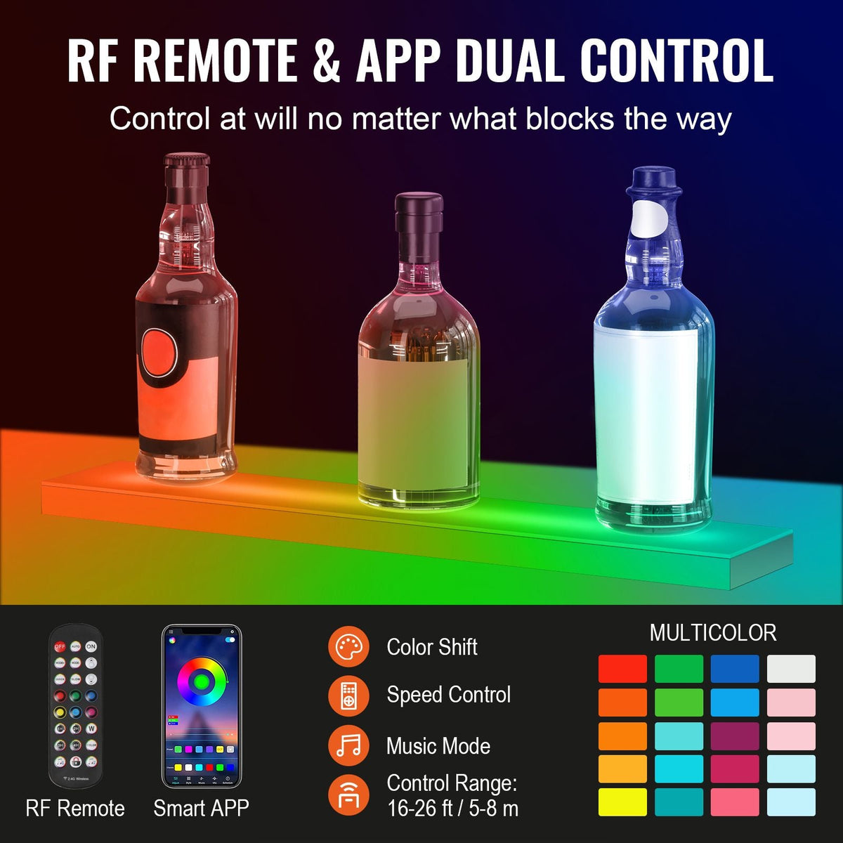 LED Lighted Liquor Bottle Display Bar Shelf RF & App Control 24" 1-Step White