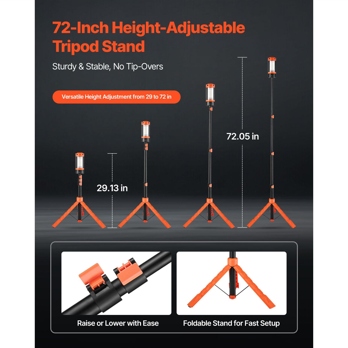 LED Work Light with Stand, 10Ah, Rechargeable Cordless Camping Light, with 3 Lamp Heads, Detachable Tripod Stand, 2200 Lumens 3000K-6500K Dimmable, Portable Construction Lighting for Job Site