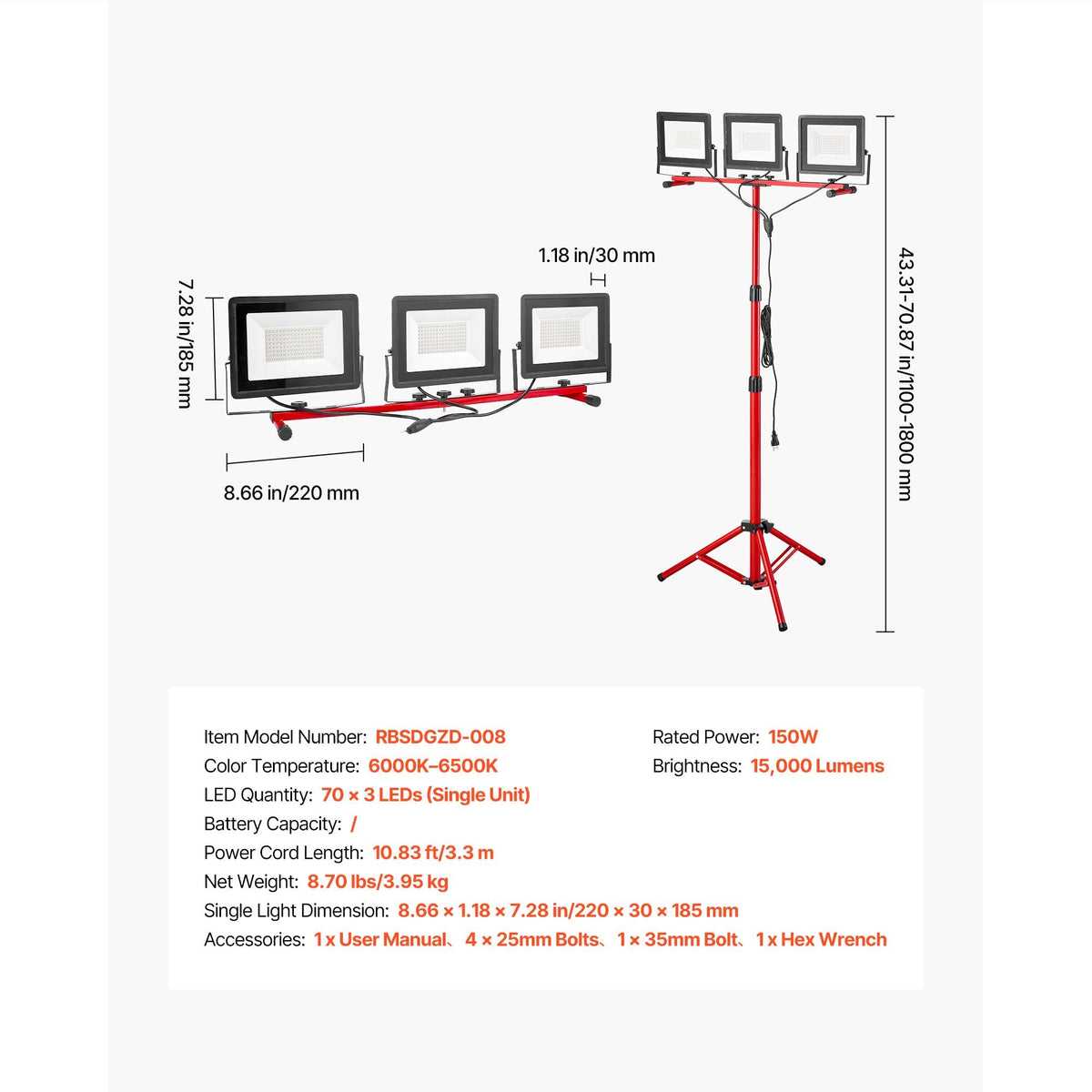 LED Work Light with Stand, 15000 Lumens, Three-Head Portable Camping Light with Individual Switch, Tripod Stand, 10.83 ft Power Cord, for Indoor Outdoor Job Site Construction, IP65 Waterproof