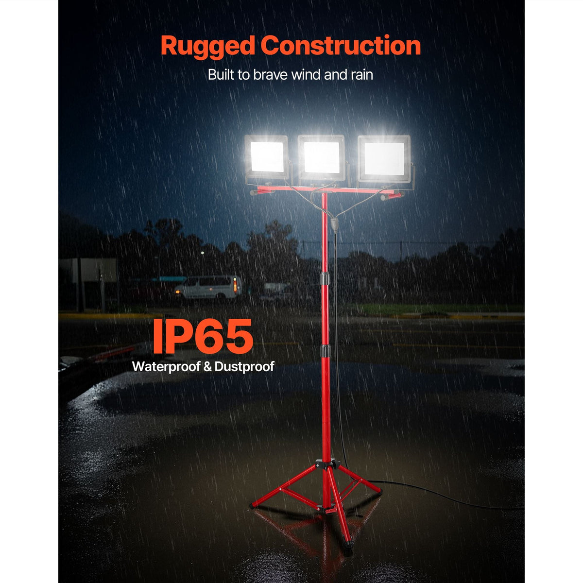LED Work Light with Stand, 15000 Lumens, Three-Head Portable Camping Light with Individual Switch, Tripod Stand, 10.83 ft Power Cord, for Indoor Outdoor Job Site Construction, IP65 Waterproof