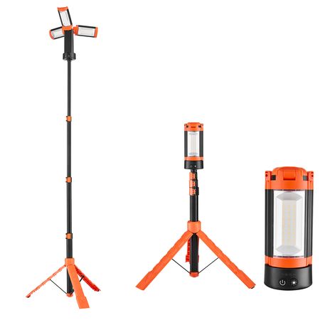 LED Work Light with Stand, 6Ah, Rechargeable Cordless Camping Light, with 3 Lamp Heads, Detachable Tripod Stand, 2200 Lumens 3000K-6500K Dimmable, Portable Construction Lighting for Job Site