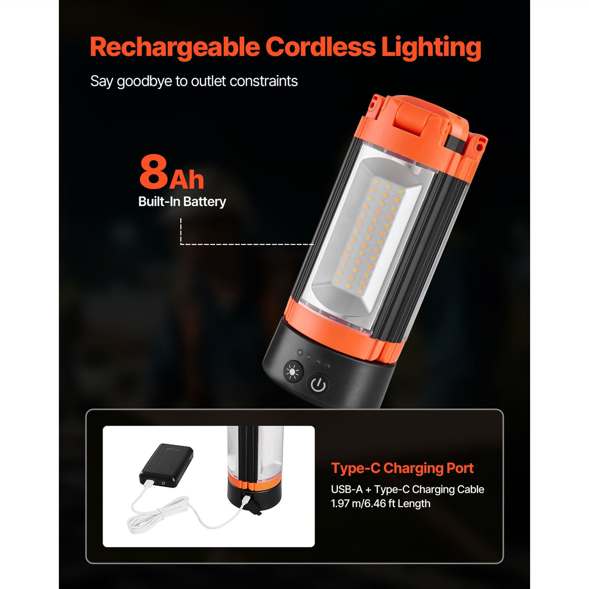 LED Work Light with Stand, 8Ah, Rechargeable Cordless Camping Light, with 3 Lamp Heads, Detachable Tripod Stand, 2200 Lumens 3000K-6500K Dimmable, Portable Construction Lighting for Job Site