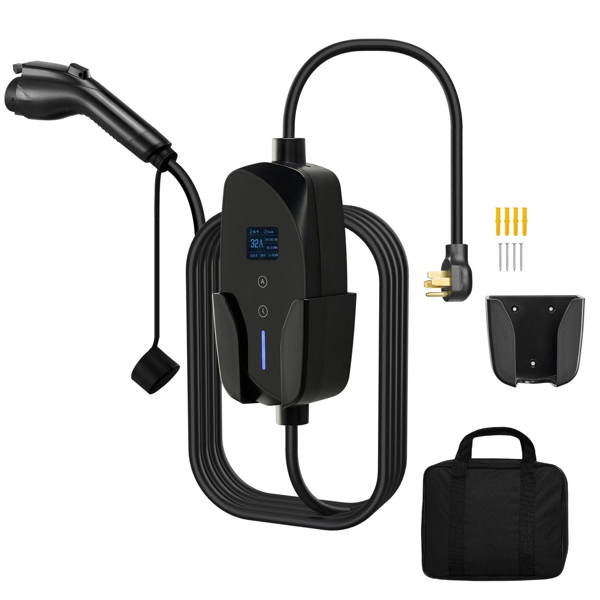 Level 2 EV Charger, 32 Amp Adjustable Current, 240V Electric Vehicle Portable Charger with 25 ft Charging Cable, NEMA 14-50P Plug, LCD Display, Plug-in Home Car Charging Station for SAE J1772 EV