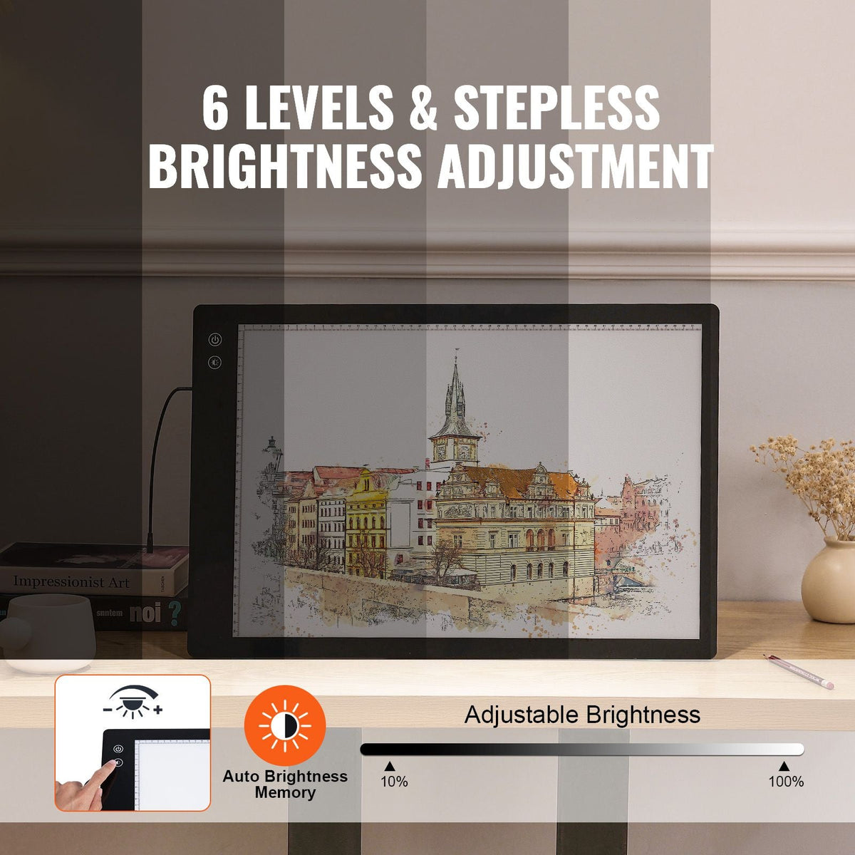 Light Board, A2 LED Light Pad with 6 Level Dimmable Brightness, Rechargeable Light Table for Tracing, Light Box for Diamond Painting, Animation, Sketching, Drawing, Stenciling, Artists (Black)