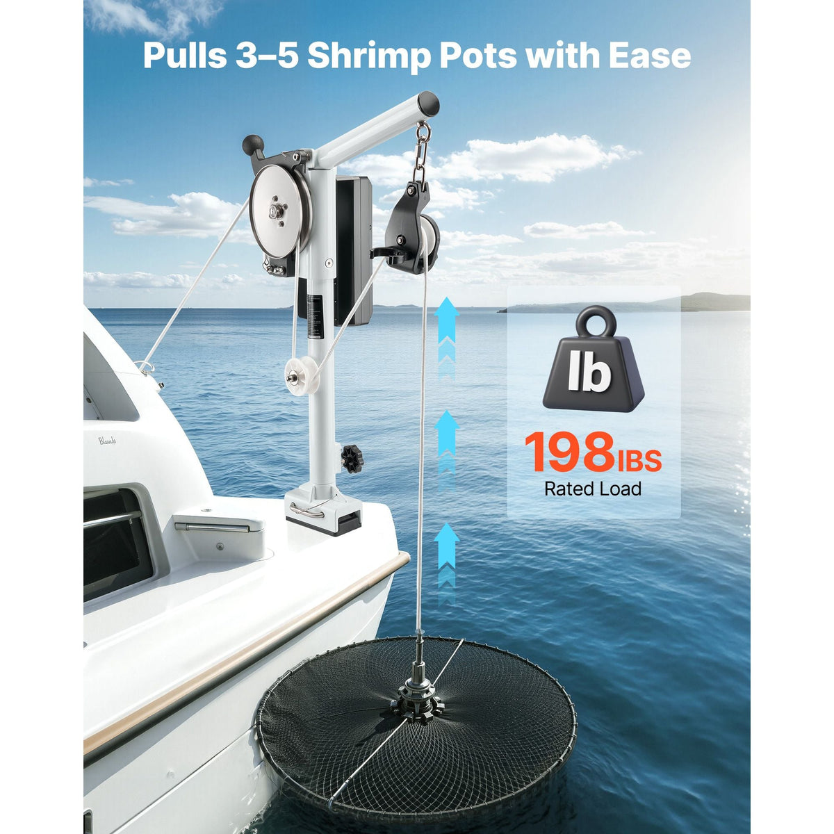 Line Hauler Pot Puller, 12V DC 1200W, Line Hauler Winch Holds 198 lbs Lift Capacity, Line Speed of 115 ft/min, 360 degree Rotation & Corrosion-Resistant, Crab Pot Puller