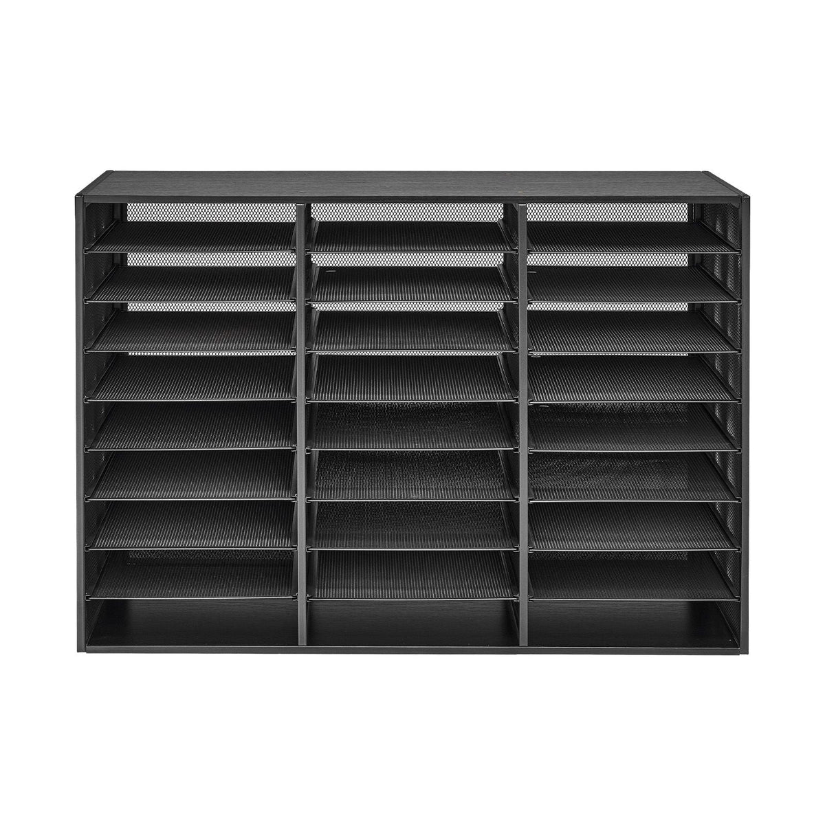 Literature Organizer, 27 Compartments Metal Office Mailbox with Detachable Wire Mesh, Mailbox Sorter with Wooden Top, Countertop Office Home Storage Organizer for File, Document, Paper, Black