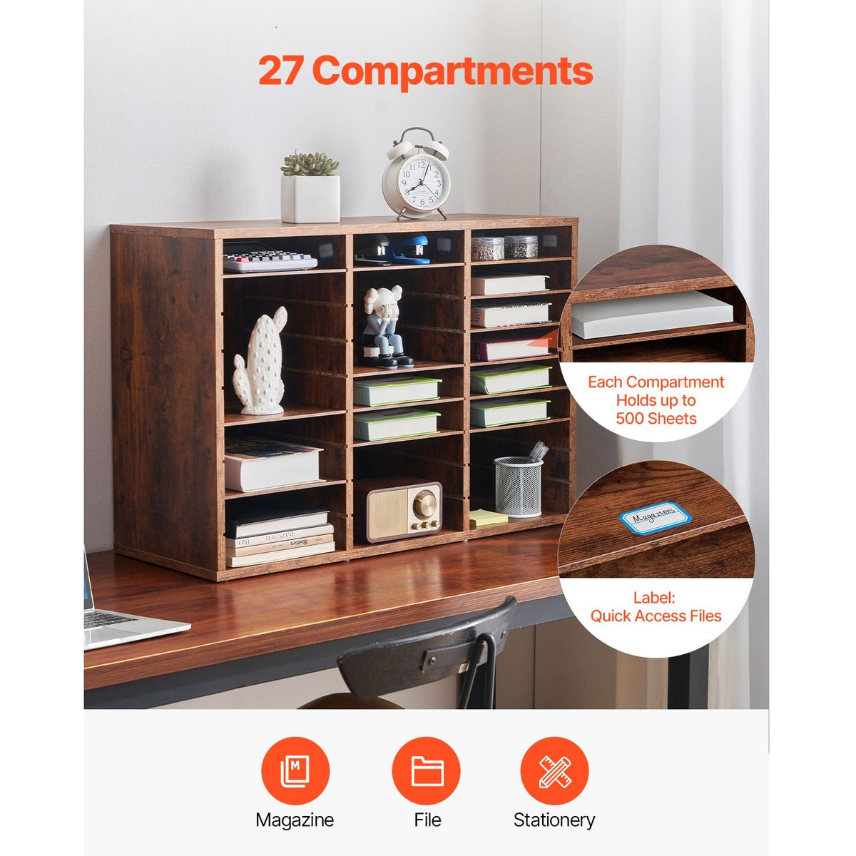 Literature Organizer, 27 Compartments Office Mailbox with Removable Shelves, Wood Mailbox Sorter Particle Board Office Home Classroom Storage, File Sorter for File, Document, Paper, Dark Brown