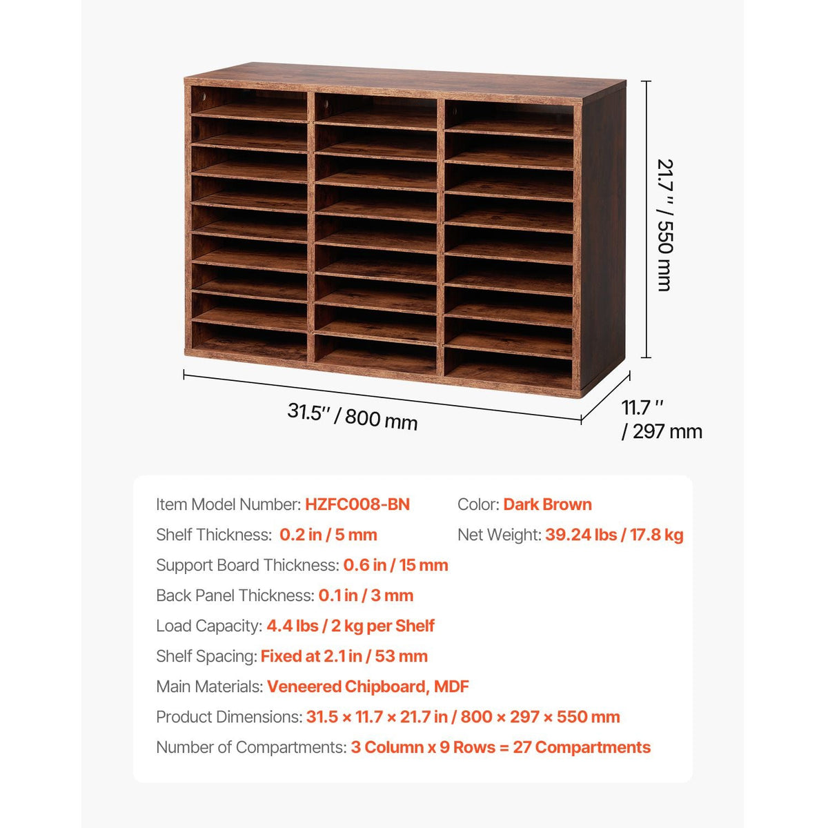 Literature Organizer, 27 Compartments Office Mailbox with Removable Shelves, Wood Mailbox Sorter Particle Board Office Home Classroom Storage, File Sorter for File, Document, Paper, Dark Brown