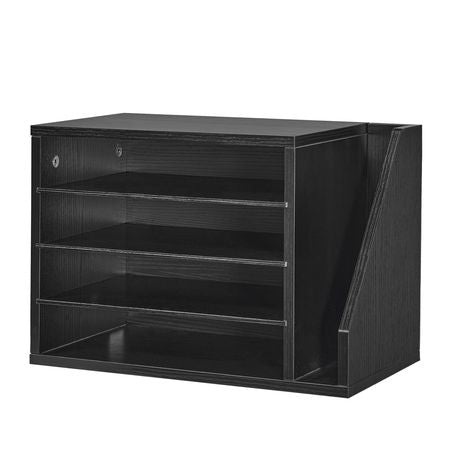 Literature Organizer, 4 Compartments Office Mailbox with Detachable Shelves, Wooden Mailbox Sorter with Side Vertical Storage, Countertop Office Home Organizer for File, Document, Paper, Black