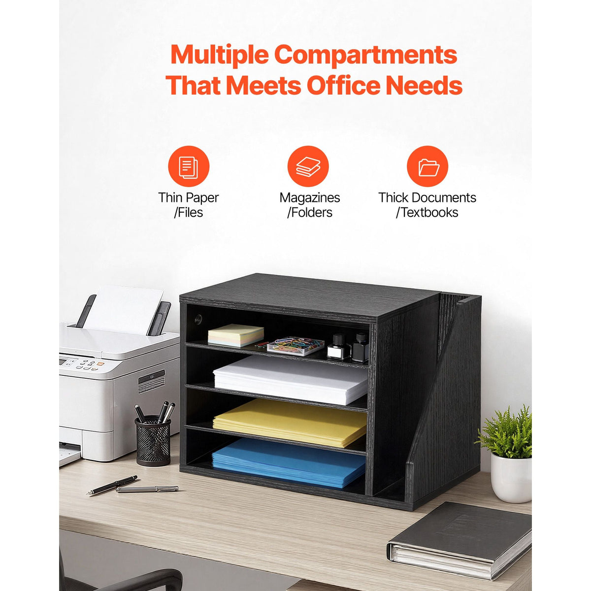 Literature Organizer, 4 Compartments Office Mailbox with Detachable Shelves, Wooden Mailbox Sorter with Side Vertical Storage, Countertop Office Home Organizer for File, Document, Paper, Black