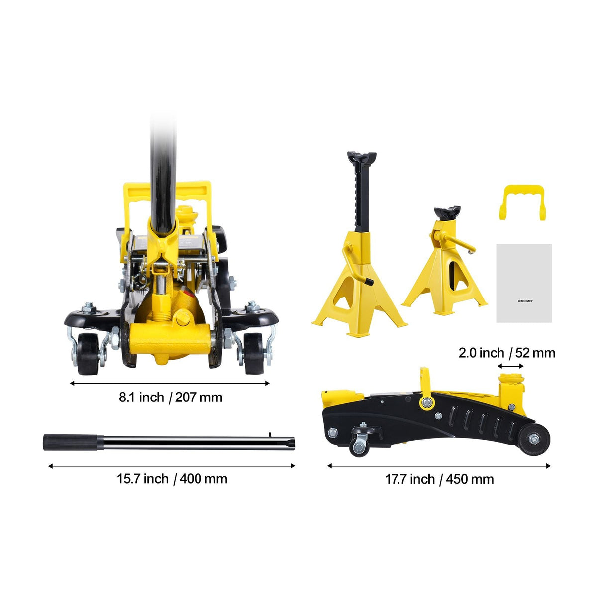 Low Profile Floor Jack 2 Ton (4400 lbs), Heavy Duty Iron Hydraulic Racing Floor Jack, Hydraulic Car Jack with Jack Stands, Single Piston Quick Lift Pump, 4.6"-12.8" Height Lifting Range (Yellow)