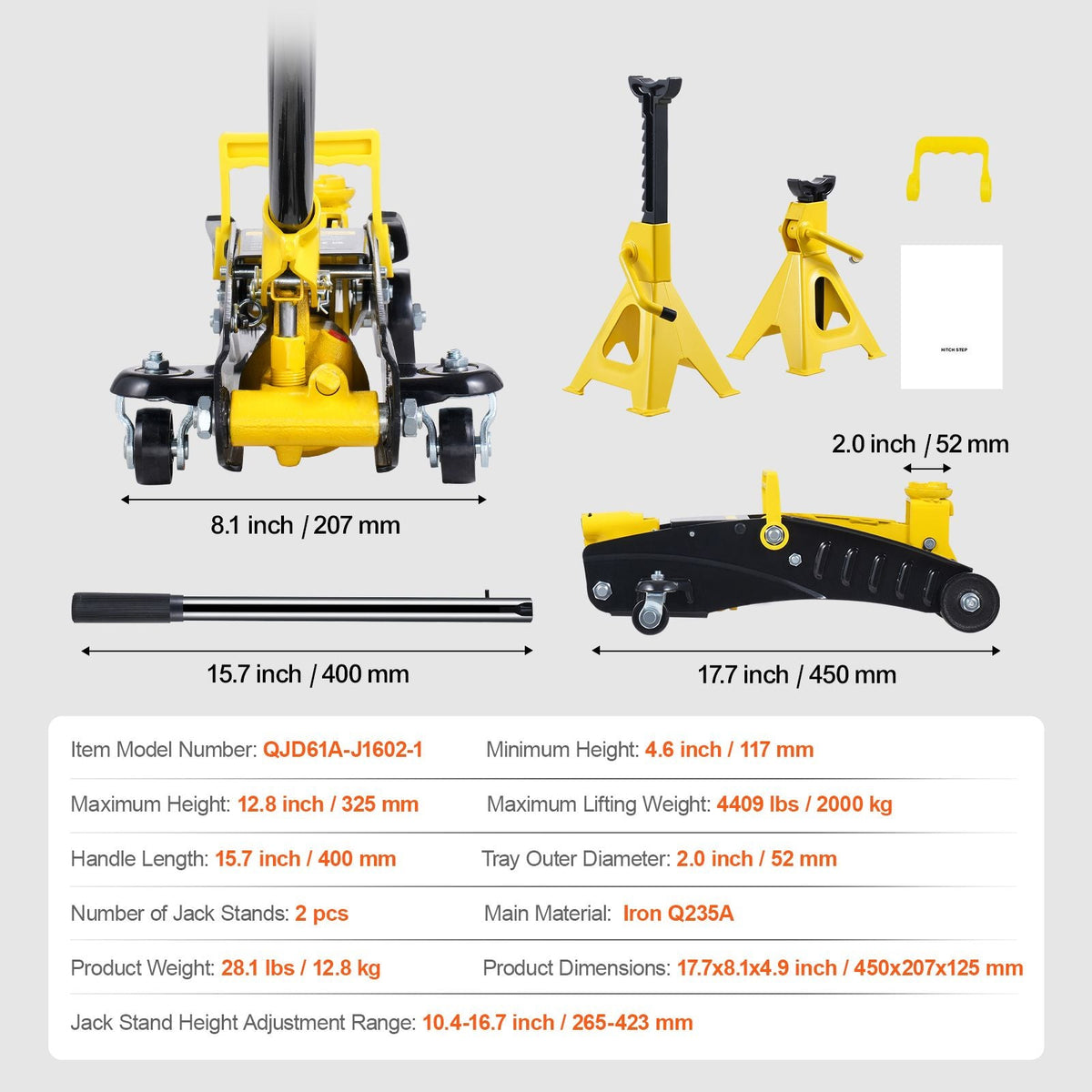 Low Profile Floor Jack 2 Ton (4400 lbs), Heavy Duty Iron Hydraulic Racing Floor Jack, Hydraulic Car Jack with Jack Stands, Single Piston Quick Lift Pump, 4.6"-12.8" Height Lifting Range (Yellow)