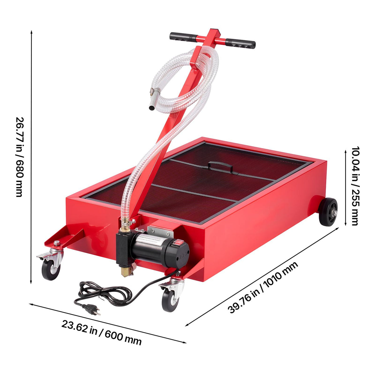 Low Profile Oil Drain Pan, 17 Gallon Capacity, Rolling Oil Drain Pan with Electric Pump, 7.2 ft Hose & T Folding Handle, Leak-proof & Corrosion-resistant, Fit for Cars, SUVs, Trucks, ATVs, Red