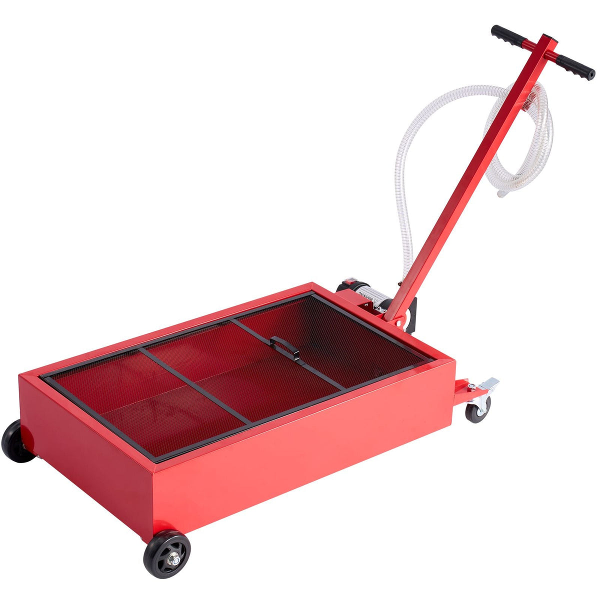 Low Profile Oil Drain Pan, 17 Gallon Capacity, Rolling Oil Drain Pan with Electric Pump, 7.2 ft Hose & T Folding Handle, Leak-proof & Corrosion-resistant, Fit for Cars, SUVs, Trucks, ATVs, Red