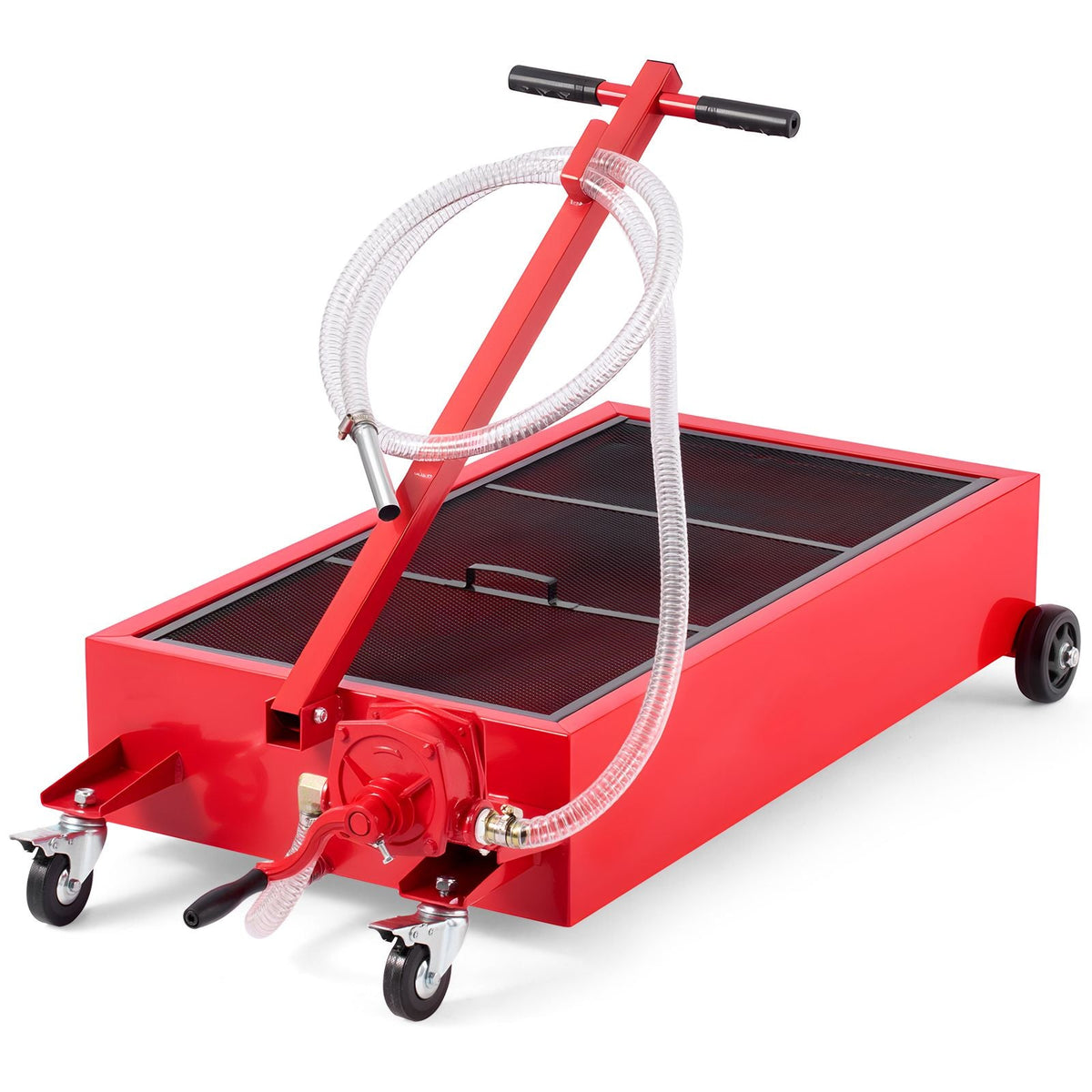 Low Profile Oil Drain Pan, 20 Gallon Capacity, Rolling Oil Drain Pan with Manual Pump, 7.2 ft Hose & T Folding Handle, Leak-proof & Corrosion-resistant, Fit for Cars, SUVs, Trucks, ATVs, Red