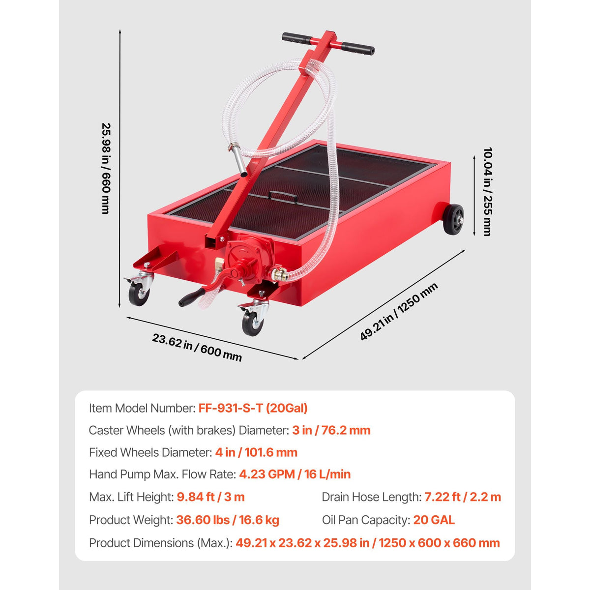 Low Profile Oil Drain Pan, 20 Gallon Capacity, Rolling Oil Drain Pan with Manual Pump, 7.2 ft Hose & T Folding Handle, Leak-proof & Corrosion-resistant, Fit for Cars, SUVs, Trucks, ATVs, Red