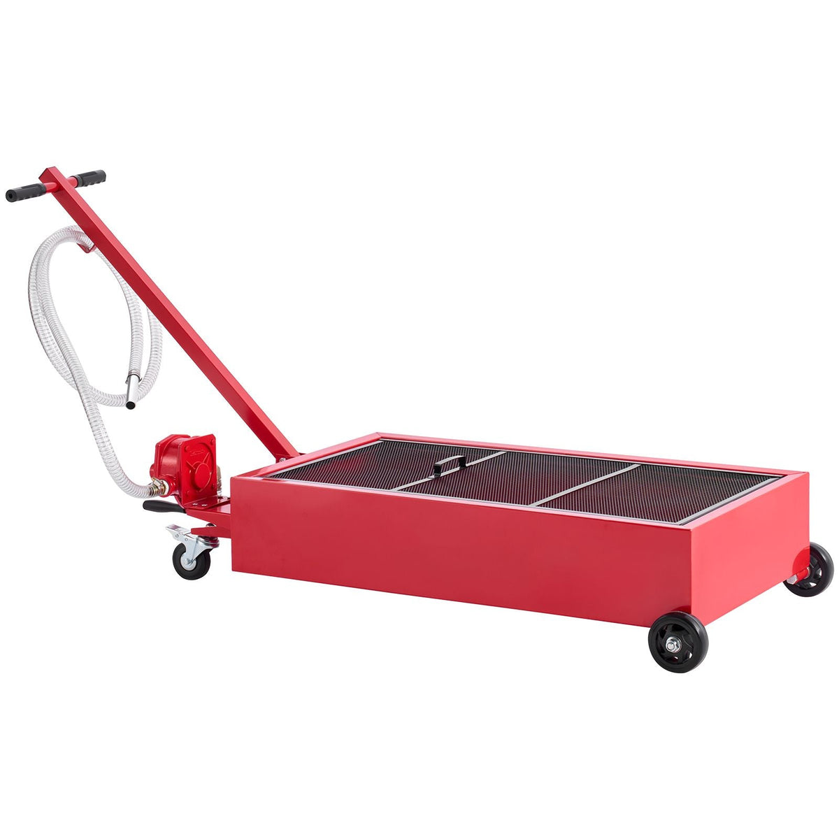 Low Profile Oil Drain Pan, 20 Gallon Capacity, Rolling Oil Drain Pan with Manual Pump, 7.2 ft Hose & T Folding Handle, Leak-proof & Corrosion-resistant, Fit for Cars, SUVs, Trucks, ATVs, Red