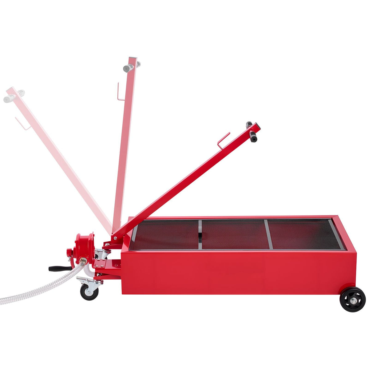 Low Profile Oil Drain Pan, 20 Gallon Capacity, Rolling Oil Drain Pan with Manual Pump, 7.2 ft Hose & T Folding Handle, Leak-proof & Corrosion-resistant, Fit for Cars, SUVs, Trucks, ATVs, Red
