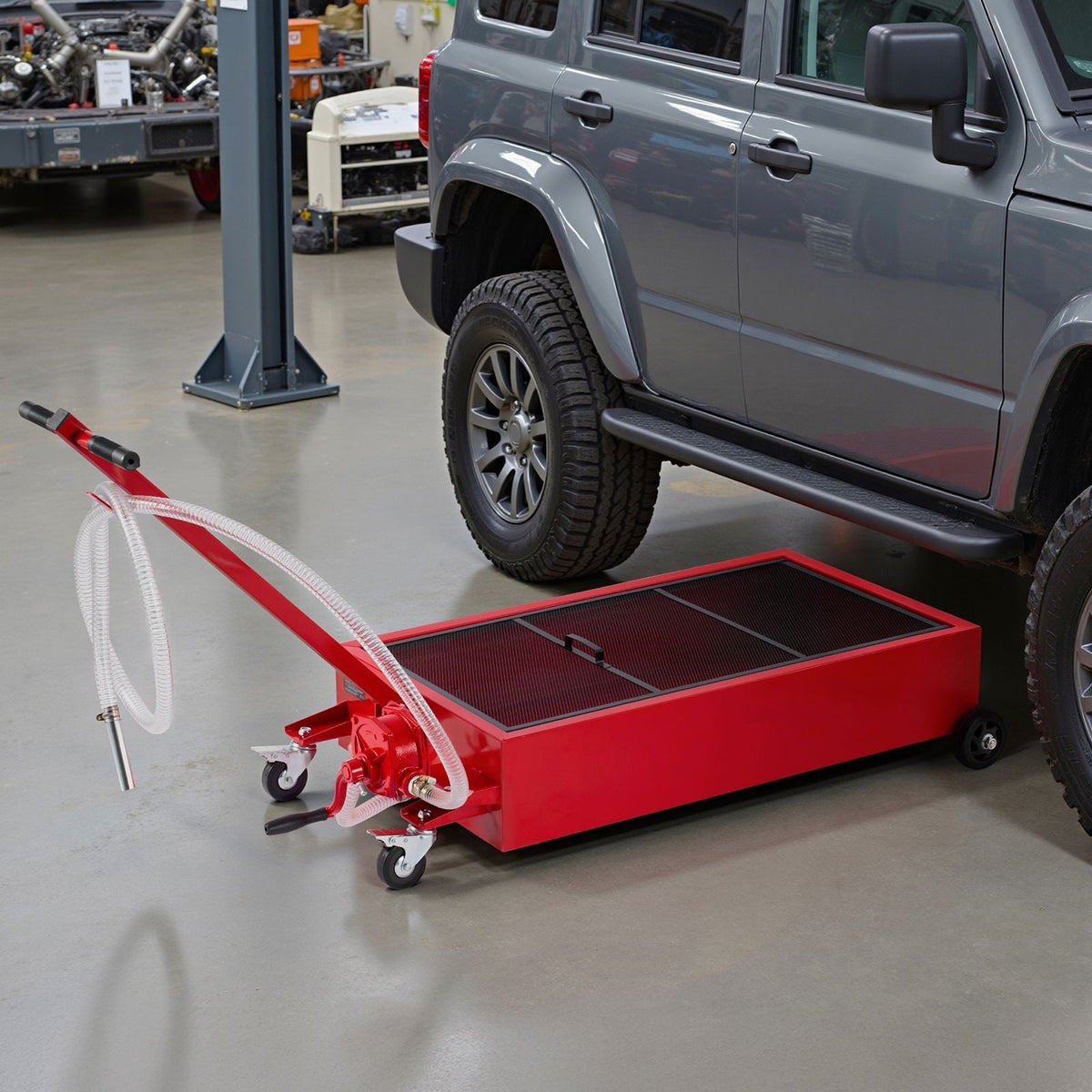 Low Profile Oil Drain Pan, 20 Gallon Capacity, Rolling Oil Drain Pan with Manual Pump, 7.2 ft Hose & T Folding Handle, Leak-proof & Corrosion-resistant, Fit for Cars, SUVs, Trucks, ATVs, Red