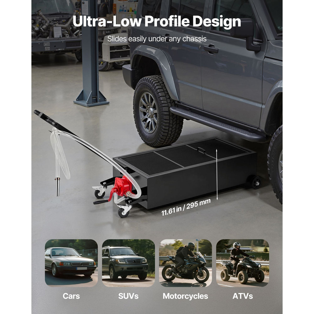 Low Profile Oil Drain Pan, 25 Gallon Capacity, Rolling Oil Drain Pan with Manual Pump, 7.2 ft Hose & T Folding Handle, Leak-proof & Corrosion-resistant, Fit for Cars, SUVs, Trucks, ATVs, Black