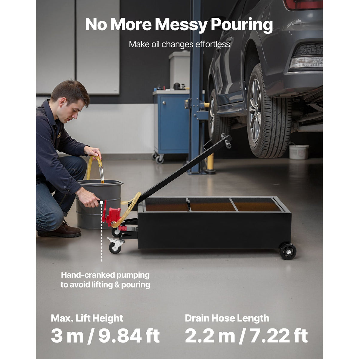 Low Profile Oil Drain Pan, 25 Gallon Capacity, Rolling Oil Drain Pan with Manual Pump, 7.2 ft Hose & T Folding Handle, Leak-proof & Corrosion-resistant, Fit for Cars, SUVs, Trucks, ATVs, Black