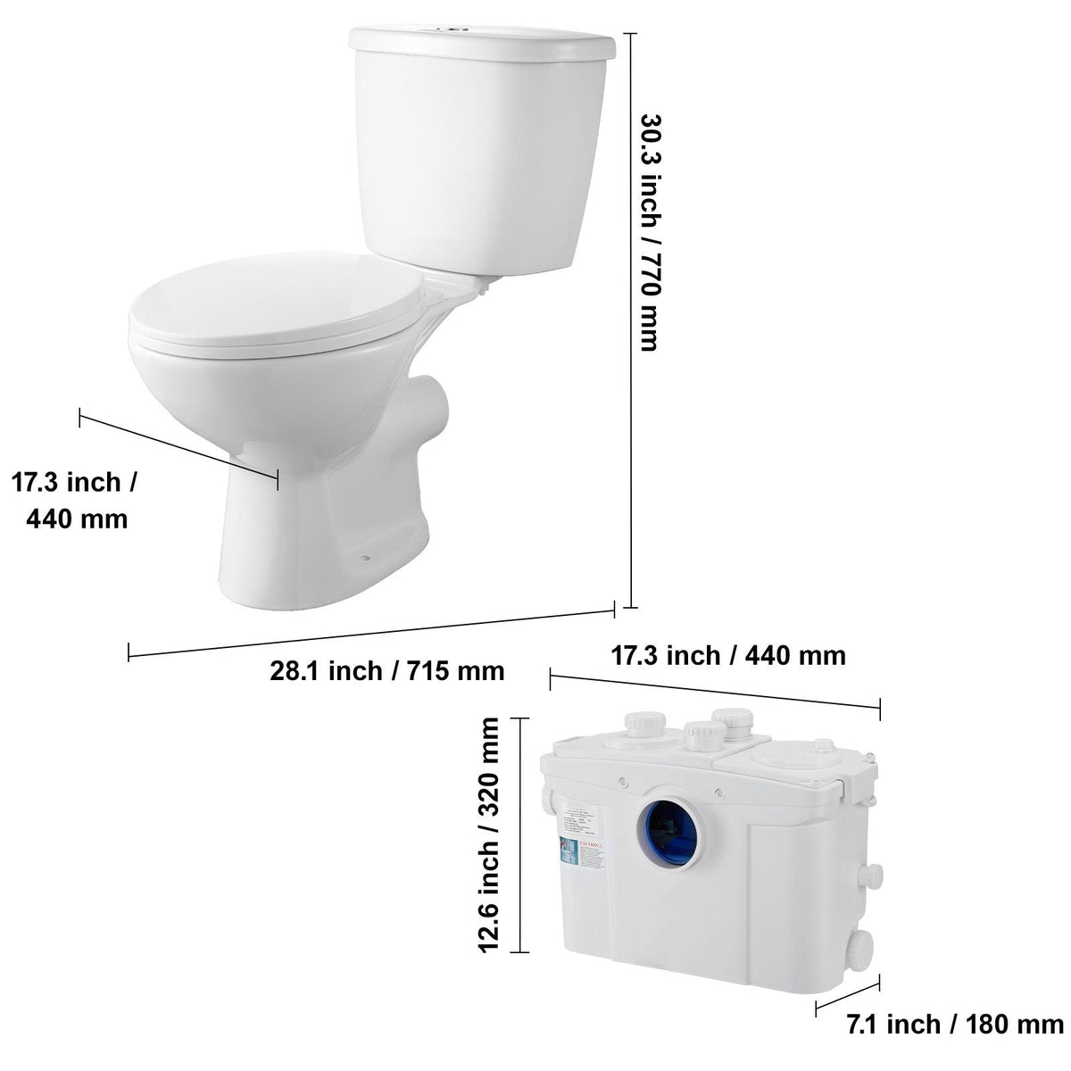 Macerating Toilet System with Powerful 800W Macerator Pump, Rear Discharge and Upflush Toilet For Basement, Dual Flush Water Disposal, Macerating Toilet System Kit with 4-Inlet, Space Saving