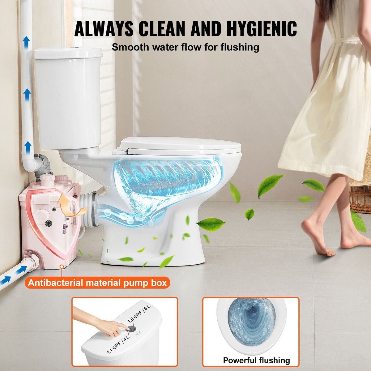 Macerating Toilet System with Powerful 800W Macerator Pump, Rear Discharge and Upflush Toilet For Basement, Dual Flush Water Disposal, Macerating Toilet System Kit with 4-Inlet, Space Saving