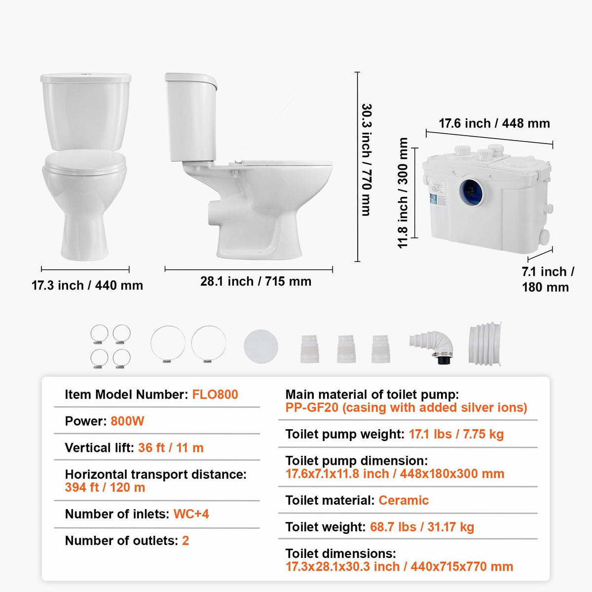 Macerating Toilet System with Powerful 800W Macerator Pump, Rear Discharge and Upflush Toilet For Basement, Dual Flush Water Disposal, Macerating Toilet System Kit with 4-Inlet, Space Saving