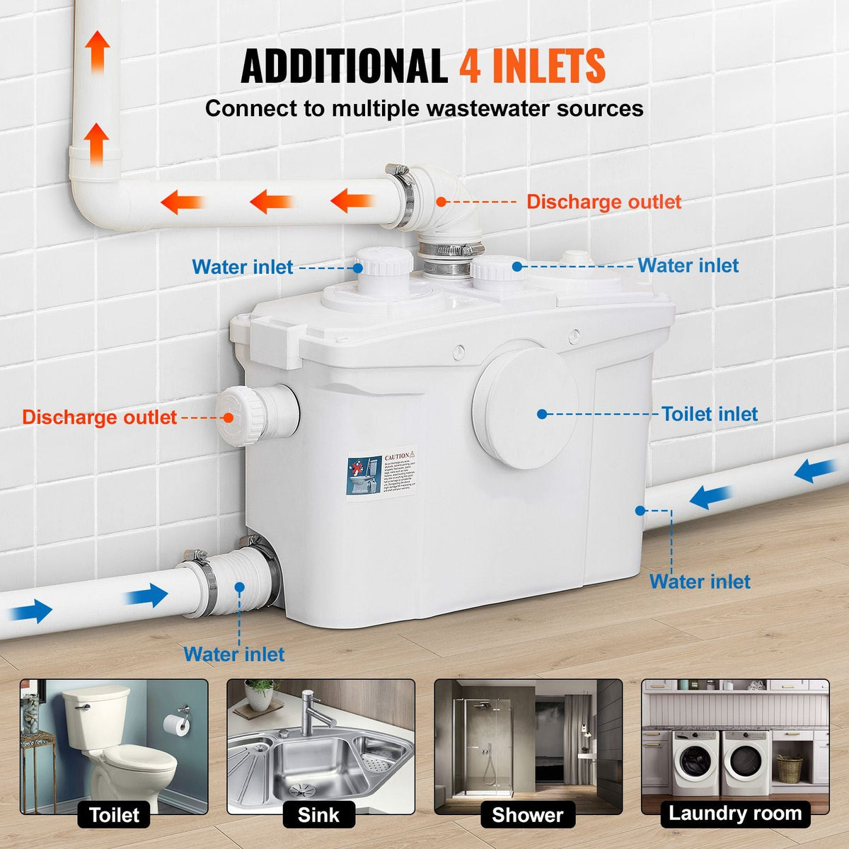 Macerating Toilet System with Powerful 800W Macerator Pump, Rear Discharge and Upflush Toilet For Basement, Dual Flush Water Disposal, Macerating Toilet System Kit with 4-Inlet, Space Saving