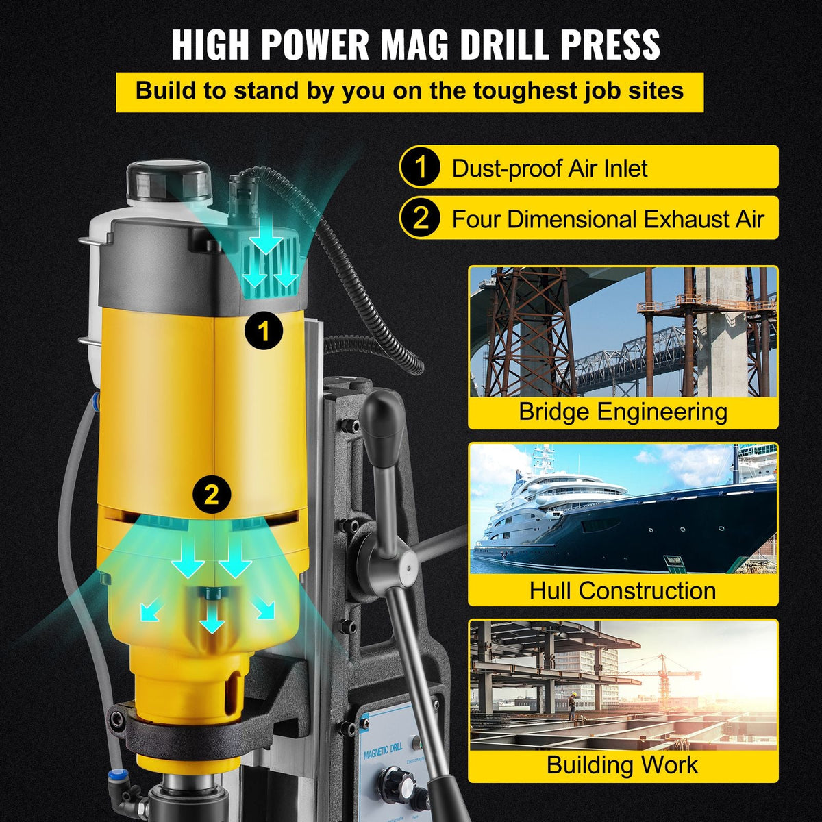 Mag Drill, 0-300 RPM Stepless Speed Electromagnetic Drill Press, 2\" Depth 2\" Dia Magnetic Core Drill, 2922lbf Boring Tool Drill Press, 1680 Watts Drill Press, Yellow and Black Drill Machine