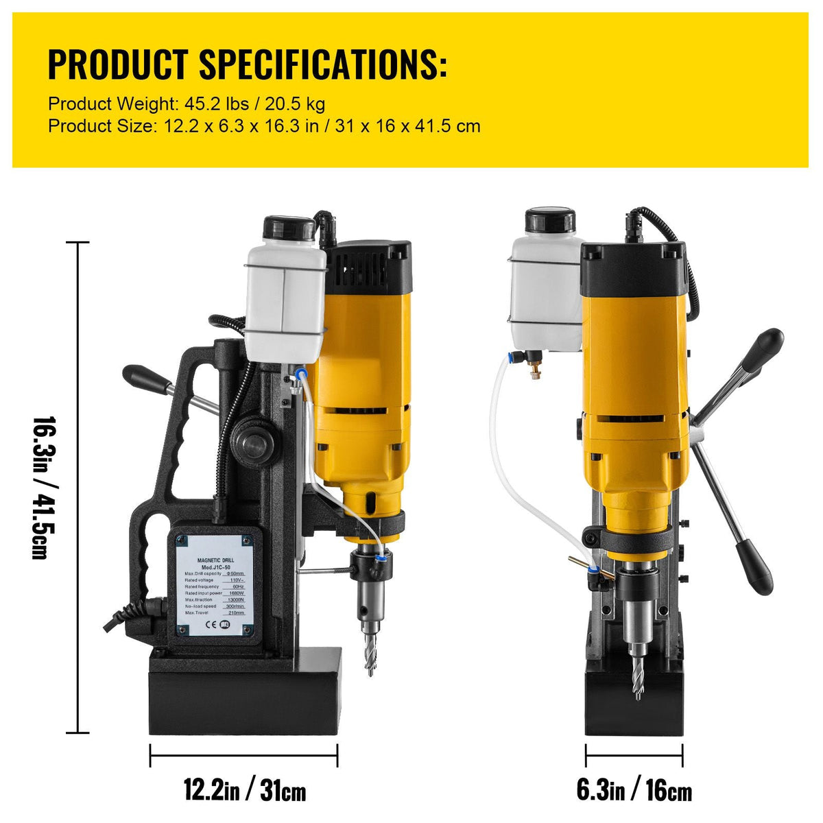 Mag Drill, 0-300 RPM Stepless Speed Electromagnetic Drill Press, 2\" Depth 2\" Dia Magnetic Core Drill, 2922lbf Boring Tool Drill Press, 1680 Watts Drill Press, Yellow and Black Drill Machine